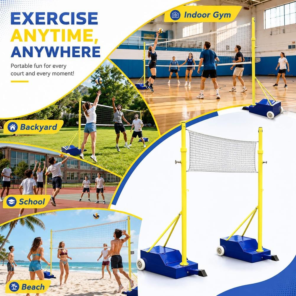 Tragbares Volleyball-Badminton-Netz-Set mit verstellbarer Höhe von 155–210 cm, robuste Basis mit Rollen, Ständer für drinnen und draußen, für Fitnessstudio, Hinterhof, Erwachsene und Jugendliche