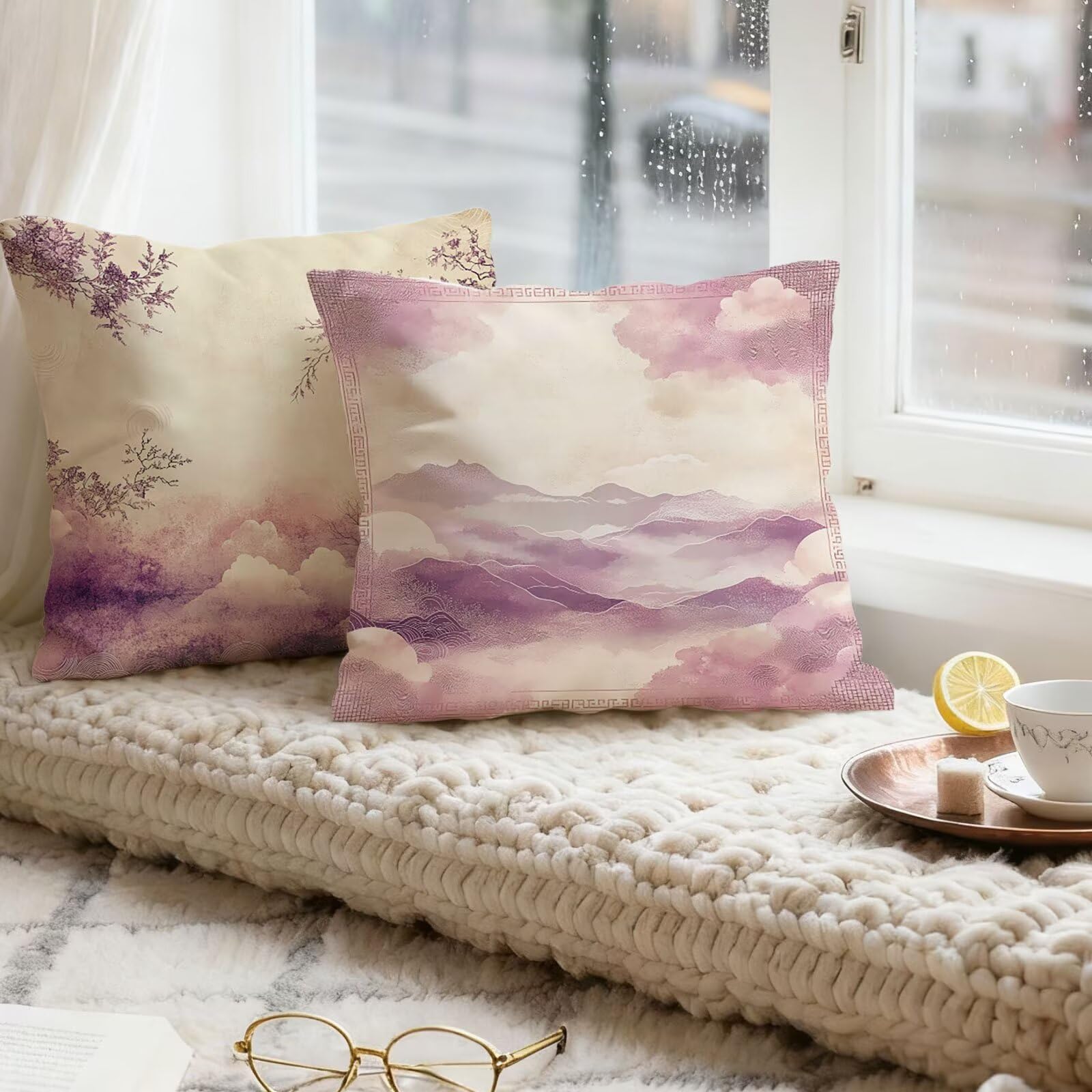 Violet Housse Coussin 60x60 Paysage Taie Oreiller 60x60 Lot de 4 Super Doux Protege Oreiller 60 x 60 Decoration Automne Taie D'oreiller Carrées Coussin Canape, pour Maison Chambre Canapé E - 860