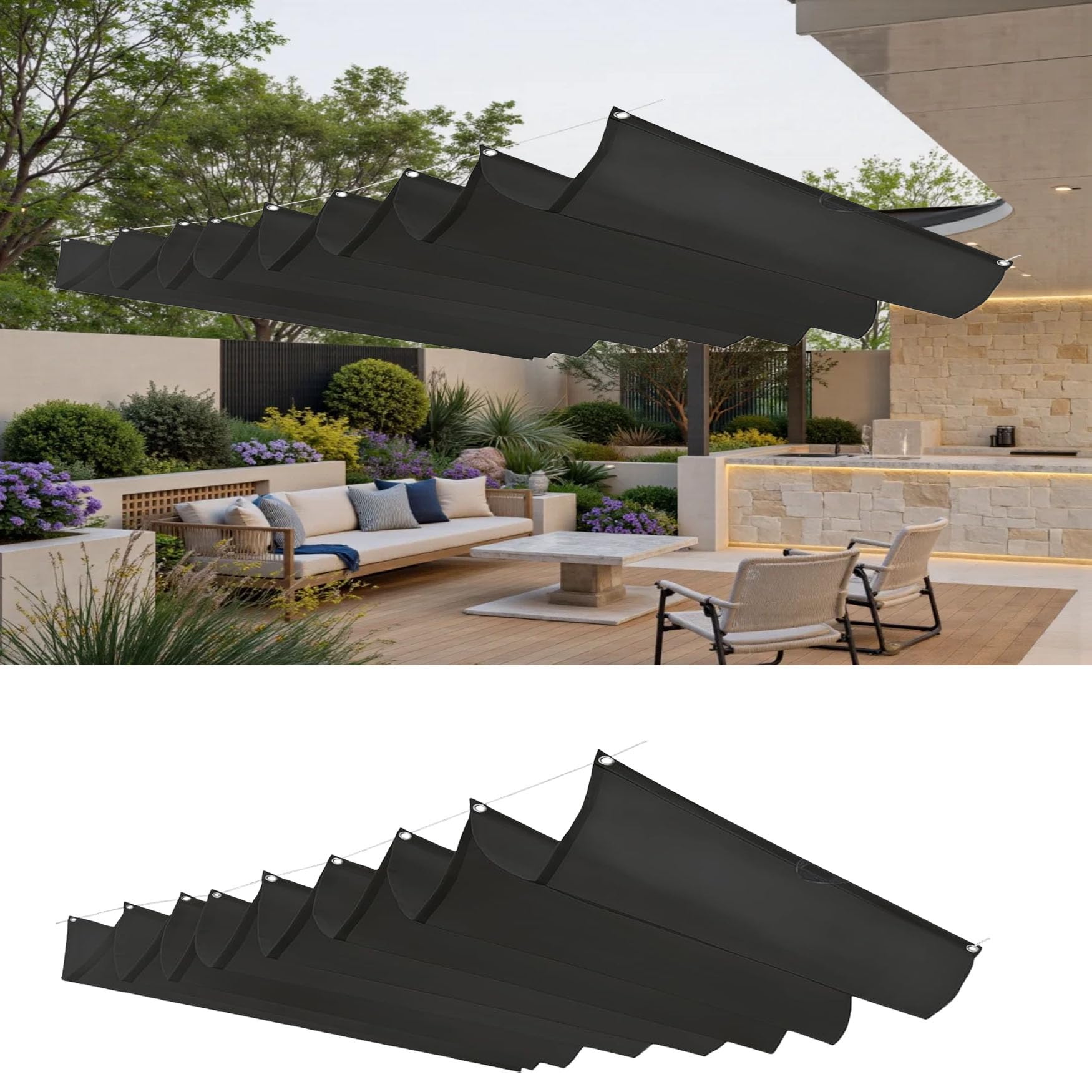 Voile d'ombrage vague rétractable 95x750cm noir imperméable