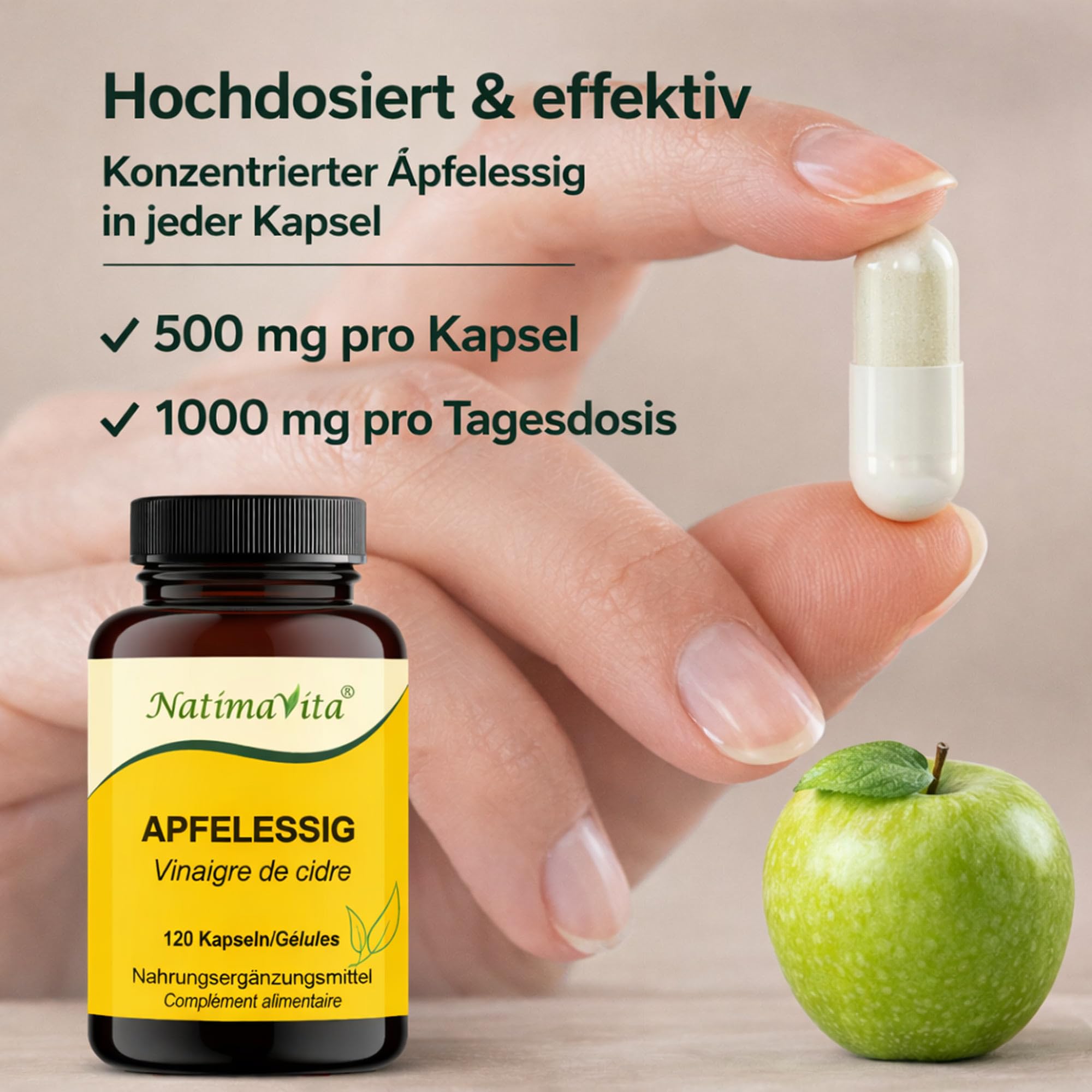 Vinaigre de cidre de pomme en gélules - 1000 mg par jour - 2 x 120 capsules vegan - Soutient le métabolisme et l’élimination - Naturel et efficace