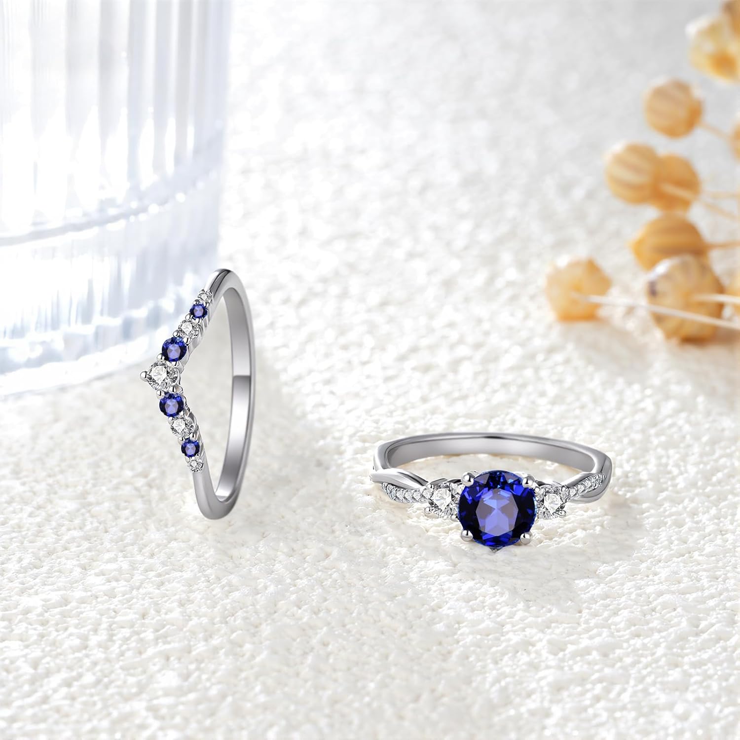 Sapphire Infinity Wedding Rings Set Sterling Silver Vintage Three Stones Bridal Sets for Women,18K White Gold Platinum Plated Created Sapphire Twisted Engagement Ring Set Gift for Anniversary Wedding - Image 3