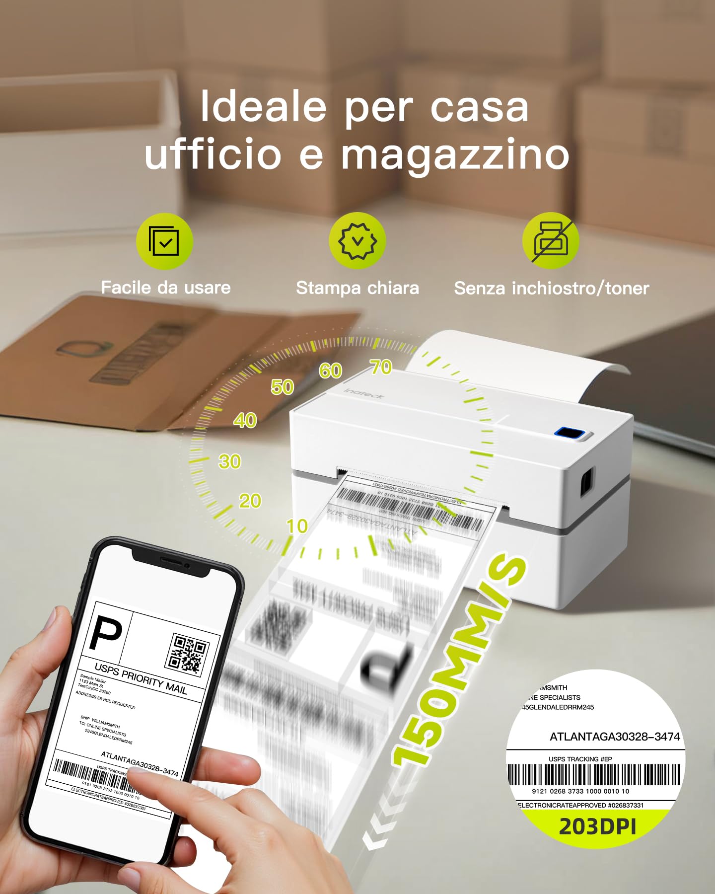 Inateck Stampante Etichette Termica Spedizioni Bluetooth 4x6, 150mm/s Reali, Adattatore USB-C Mac Incluso, Compatibile con Vinted Amazon eBay Shopify, Supporta iOS Android