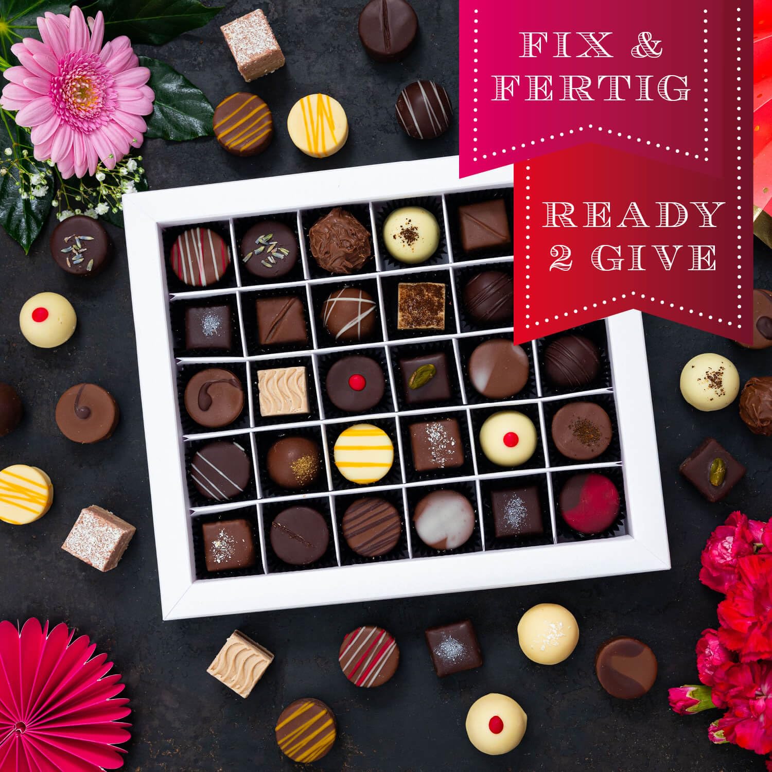 Hallingers Genuss Manufaktur Pralinen Dankeschön-Geschenk - mit & ohne Alkohol, handmade aus Confiserie-Edelkakao in wertiger XXL-Geschenkbox "Vielen Dank", Geschenkidee für Frauen Männer