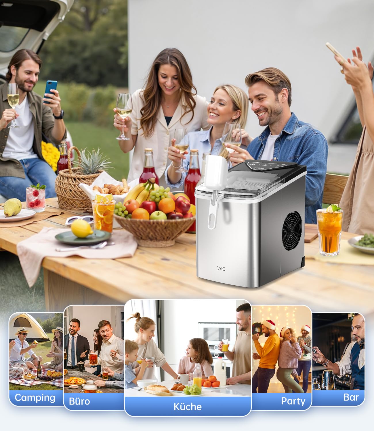WIE Eiswürfelmaschine, 15KG Eiswürfelbereiter Ice Maker, 9 Würfel in 6 Min, Eiswürfelmaschinen mit Tragbarem Griff, Silber, Eiswürfelbereiter für Zuhause/Küche/Büro/Wohnmobil