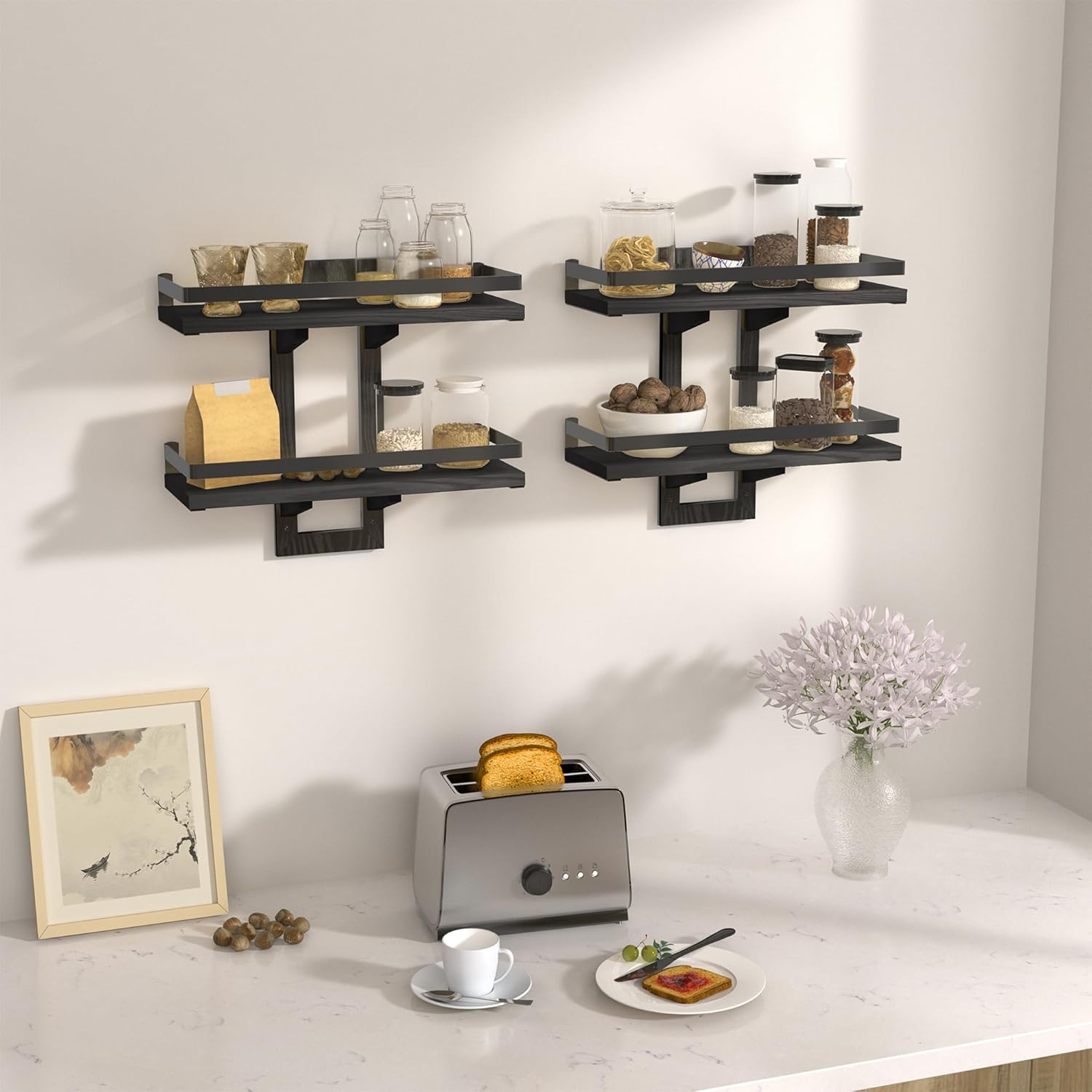 Floating Shelves for Wall, 2-Tier Wood Hanging Decor Storage Shelves, Wall Mounted Floating Shelf for Living Room, Bedroom, Bathroom,Kitchen, Office, Study (2-Pack Black)