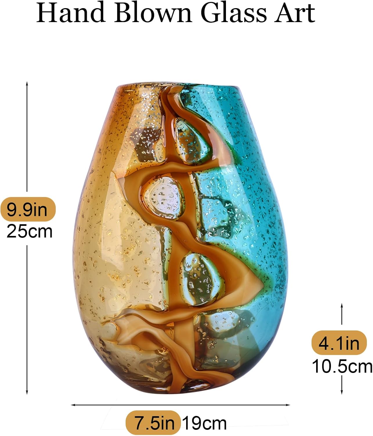 Pretty Hand Blown Glass Vase, Colored Glass Flower Vases Home Decor, Amber and Teal Decorative Murano vase for Living Room Office Bedroom Coastal Table Centerpieces Gift - Image 2