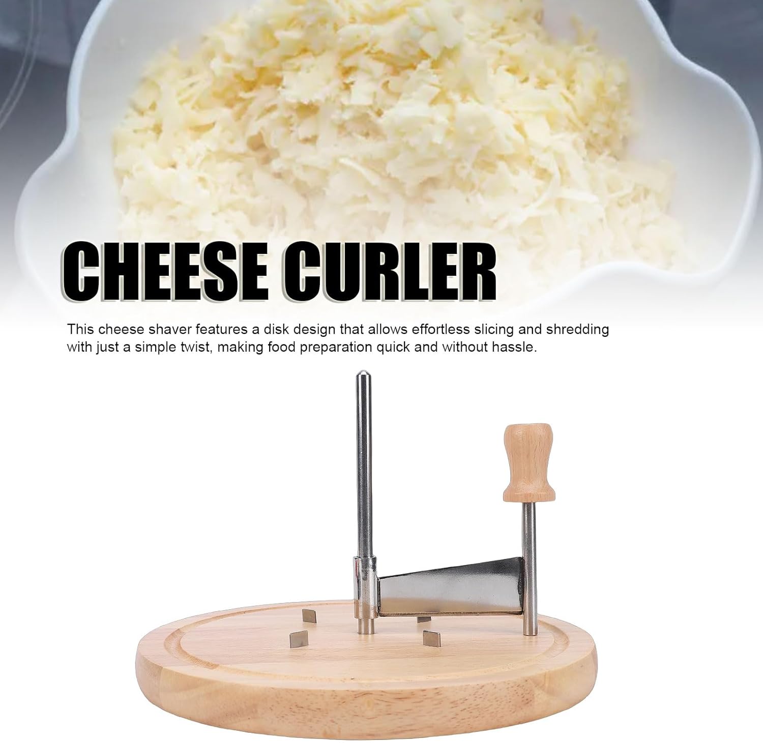 Cheese Curler Shaver, 8.7 Inch Stainless Steel Manual Cheese Curler Flower Maker Wheel Sliceres with Beechwood Base for Restaurants Cafes Dessert Shops