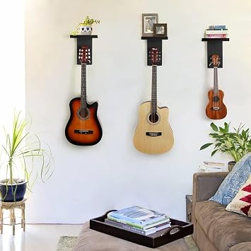3Pack Guitar Wall Mount with Shelf, Wooden Guitar Holder