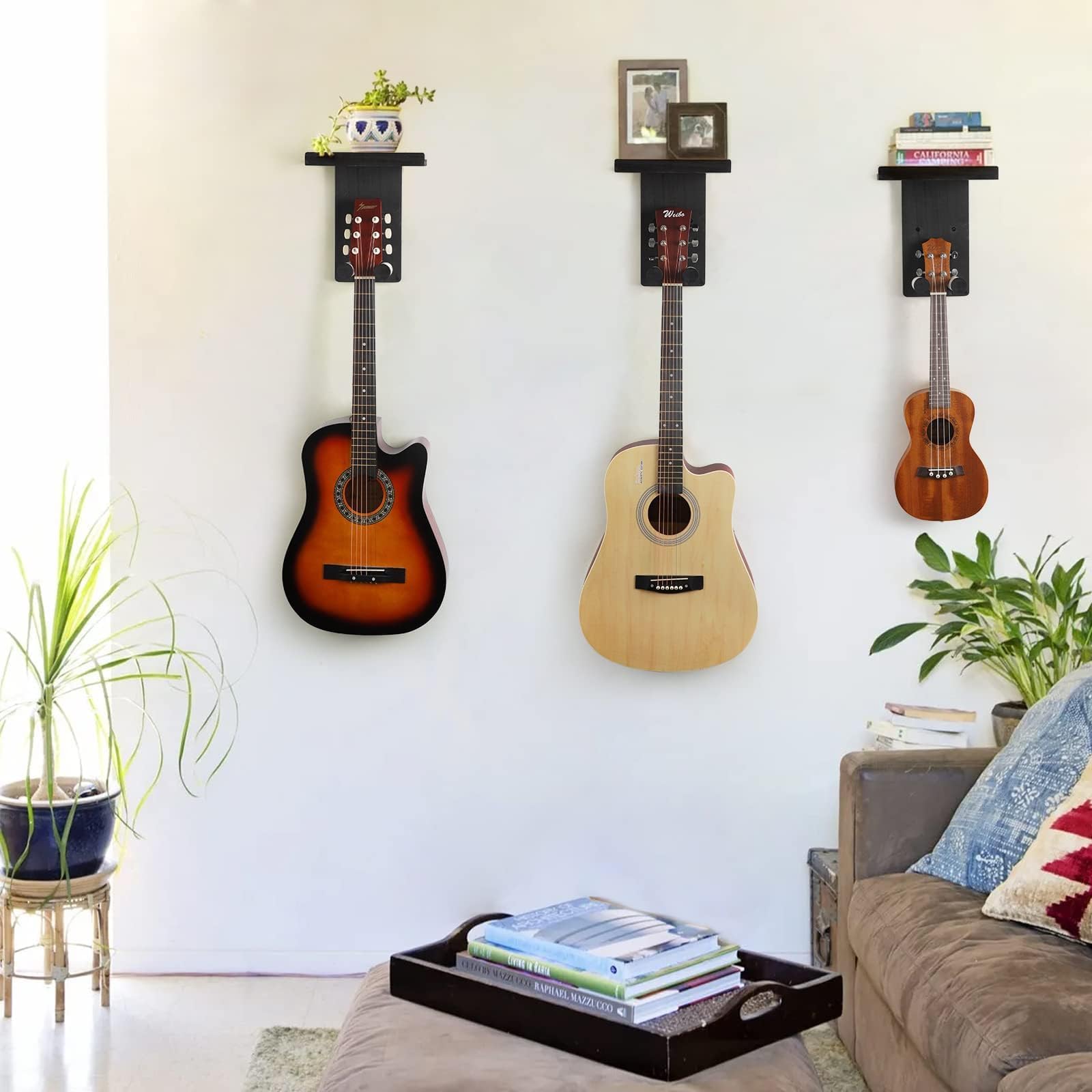 Support Guitare Mural, Porte Guitare Mural Lot de 3, Accroche Guitare Mu-ral pour Guitare Acoustique Adulte, Guitar Electrique, Ukulélé, Basse - Noir