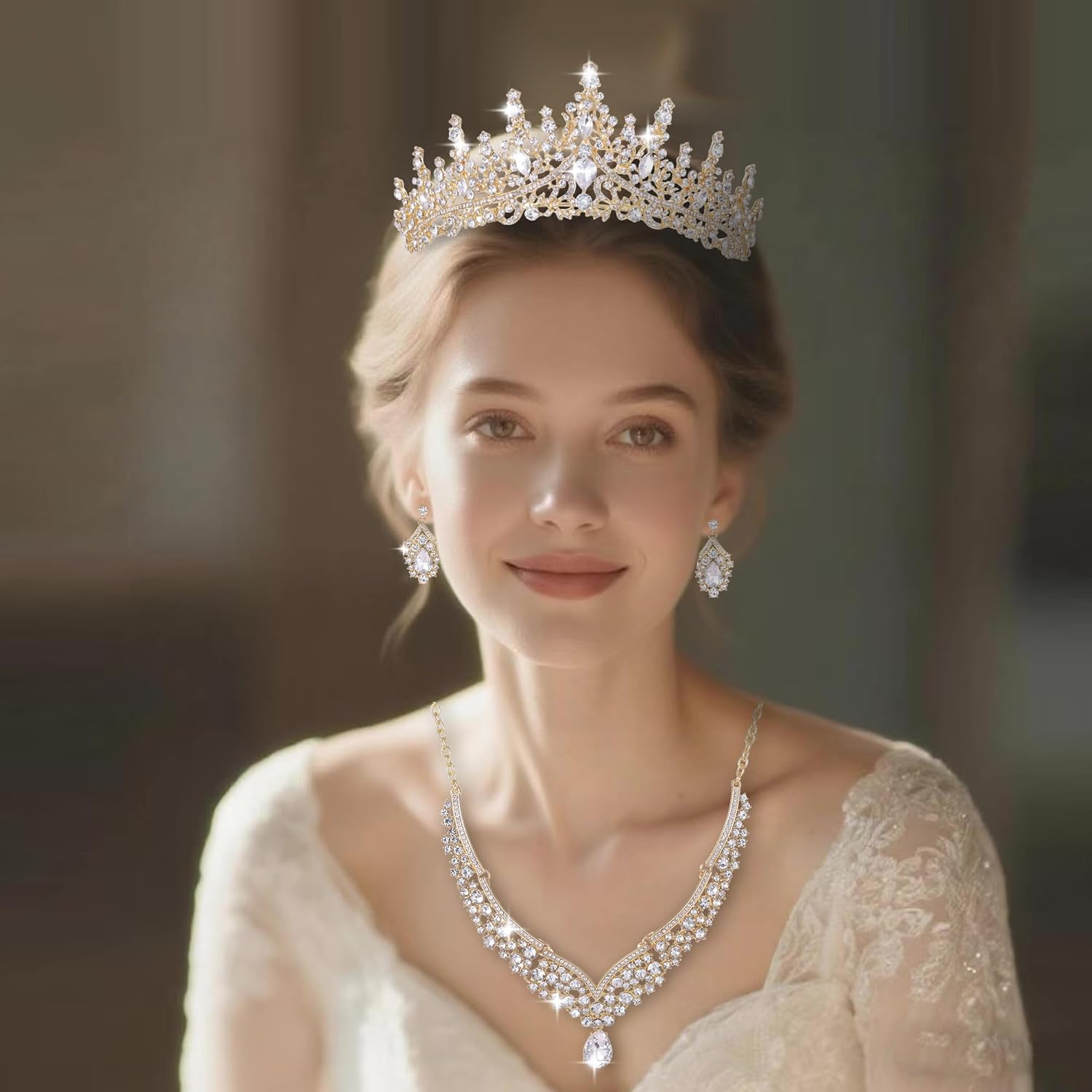 Wynce Tiaras Crowns for Women Earrings Necklace Crystal Bridal Jewelry Set(Gold)