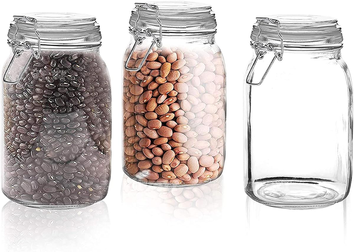 Juego de 3 tarros de cristal con tapa hermética de 50 onzas | Recipiente de almacenamiento de vidrio para alimentos, harina, pasta, café, dulces, golosinas para perros y refrigerios