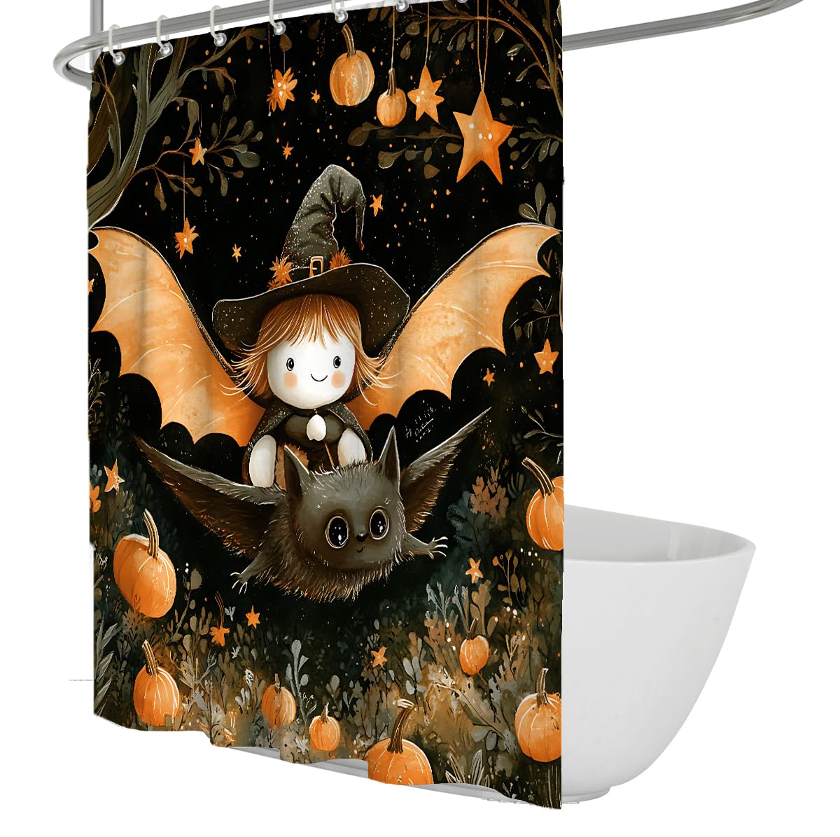 UIRINGART Cute Halloween Witch Bath Screen W120xL180cm Spooky Bat Pumpkin Starry Night Quick Drying Waterproof Washable Shower Curtains for Walk-in Shower with Hooks
