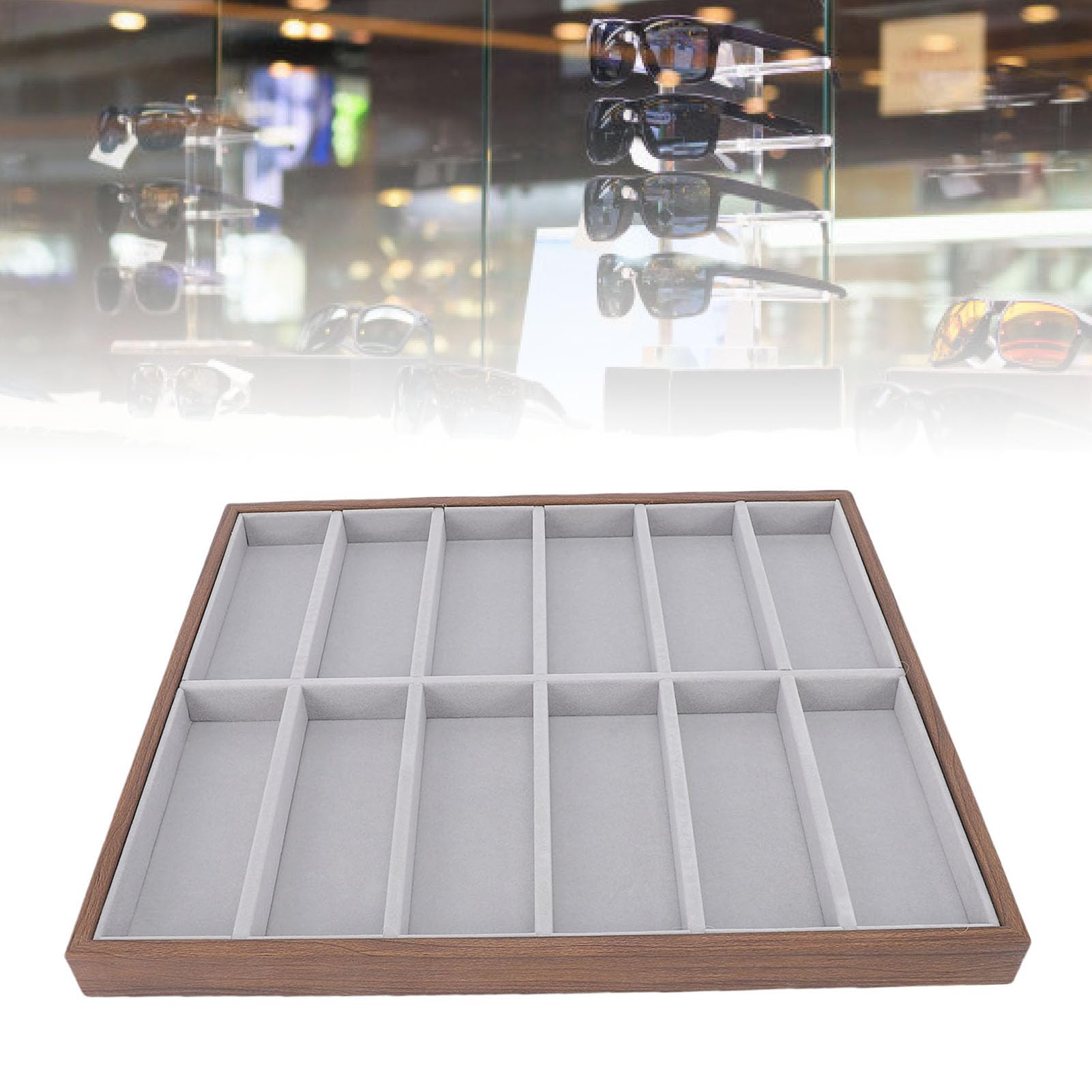 Fockety Scatola Organizer per Occhiali, 12 Griglie Organizer per Occhiali da Sole Organizer per Occhiali Vassoio Portaoggetti per Occhiali da Sole con Venature del Legno per Occhiali,