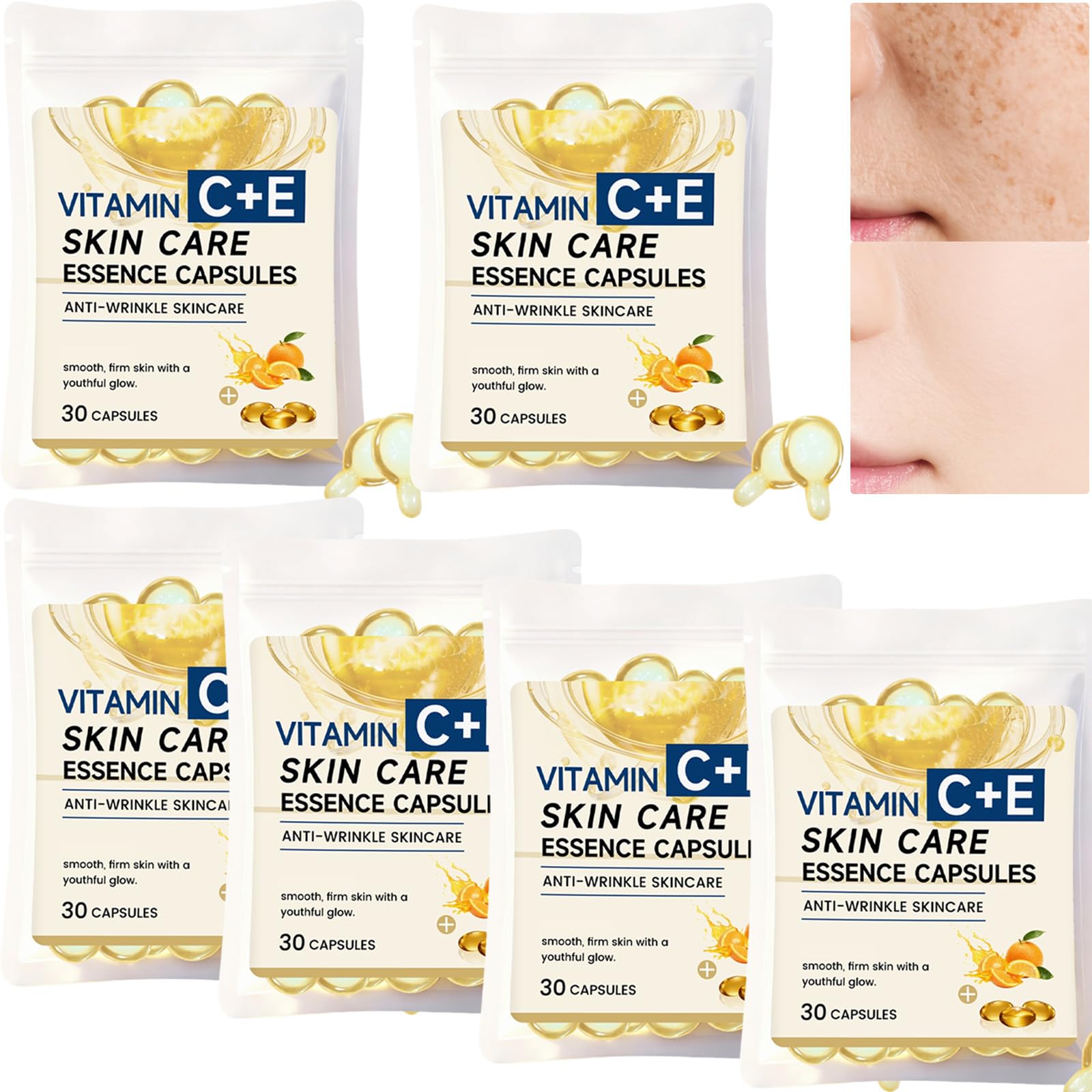 Capsule di siero di vitamina C con collagene, vitamina E siero viso anti-invecchiamento per donne e uomini, alleggerimento della pelle, riduzione delle rughe, macchie scure, linee sottili (180 pezzi)