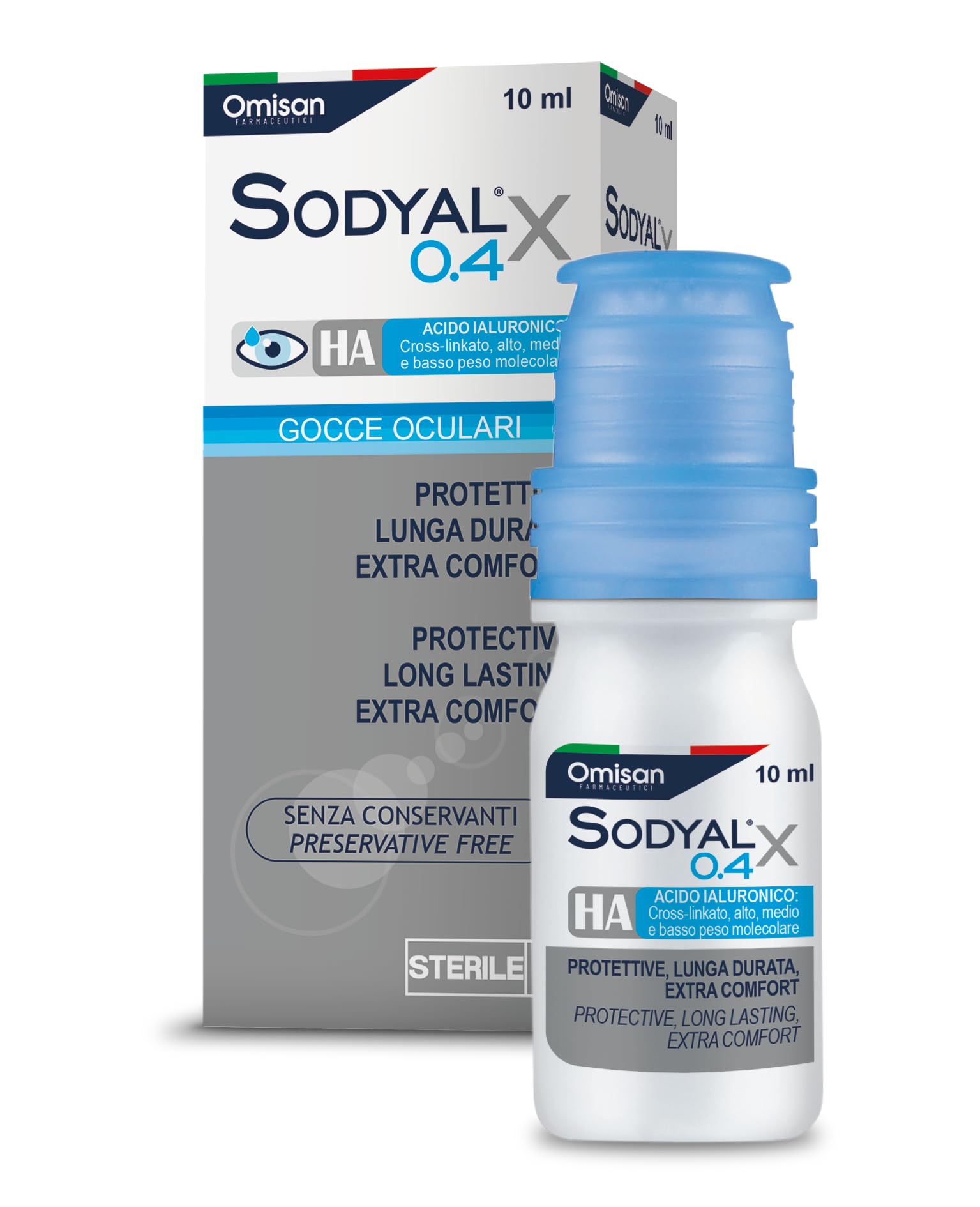 Sodyal X 0.4 - Extra lubrificante ed idratante. Gocce oculari con 4 tipi Acido ialuronico, senza conservanti - 10 ml