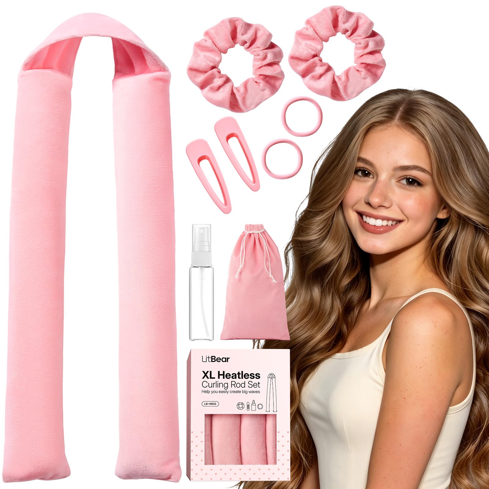 LitBear Jumbo Heatless Curls Overnight Set for Long Thick Hair, Pink