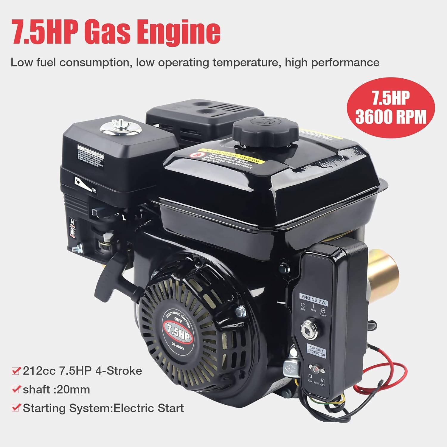 Motore a benzina, 7,5 CV, 210 cc, 4 tempi, OHV, con avviamento elettrico, 3600 giri/min, per Go Kart, compressore, generatore, nero