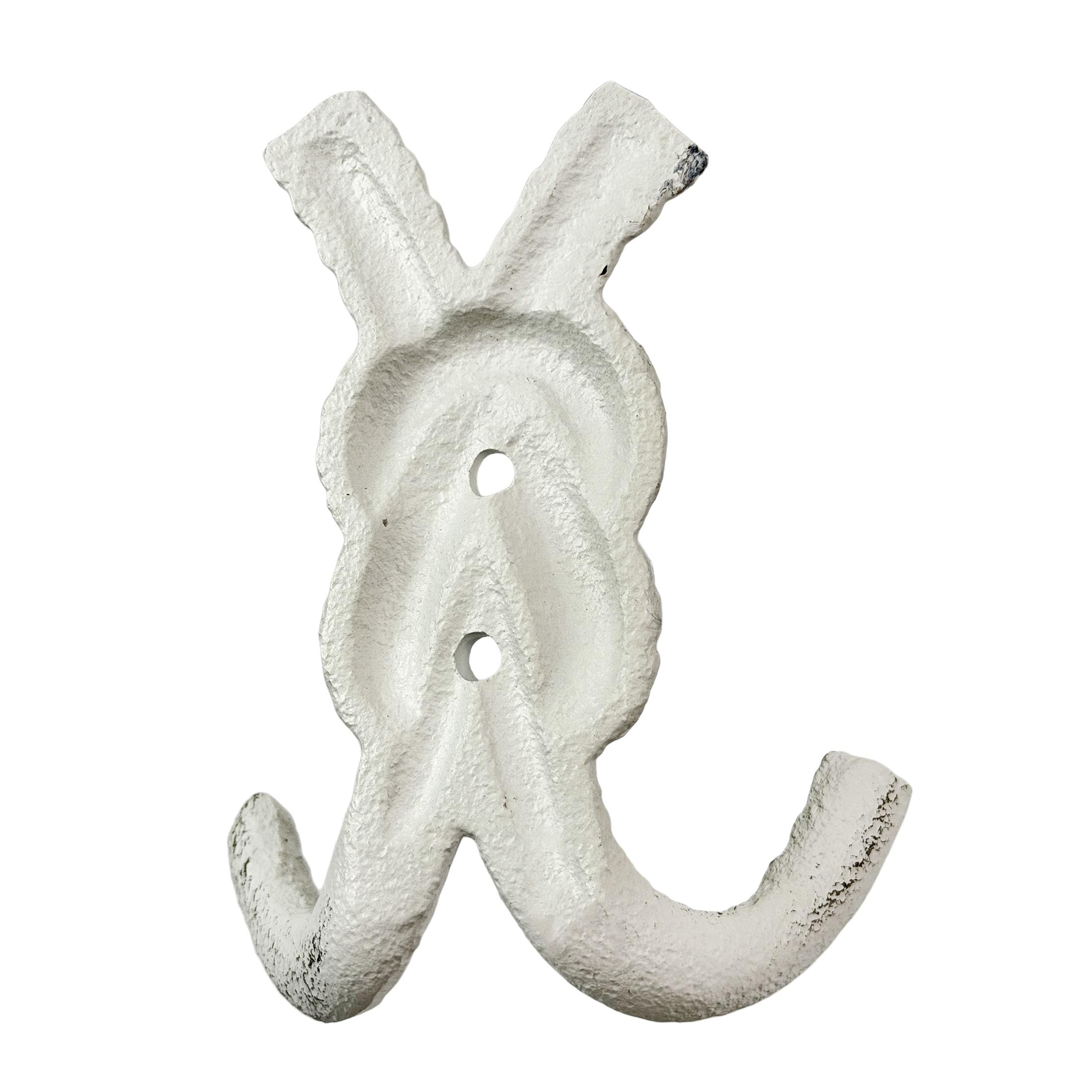 Zeckos Lot de 3 crochets muraux double en fonte avec nœud en fonte de 10,2 cm, décoration murale côtière blanc antique avec vis assorties pour plage, salle de bain, entrée, vestiaire ou chambre à