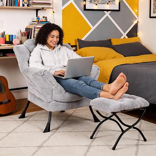 Miniatura 2 de MBOOYOME - Silla perezosa con otomano plegable, moderna silla de acento de salón con reposabrazos y bolsillo lateral y taburete plegable, silla de