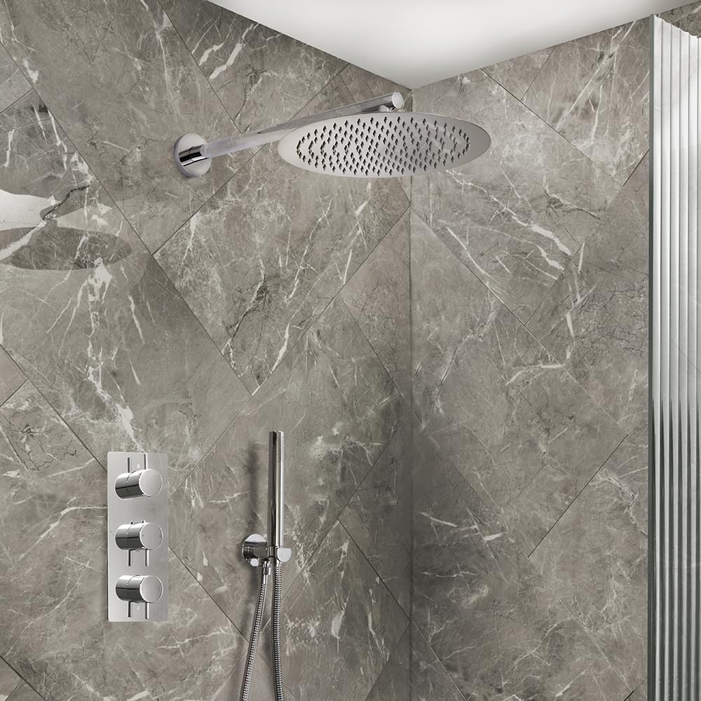 Milano Chrome Otto Thermostatic Mixer Valve 300Mm Round Rainfall Shower Head Handset