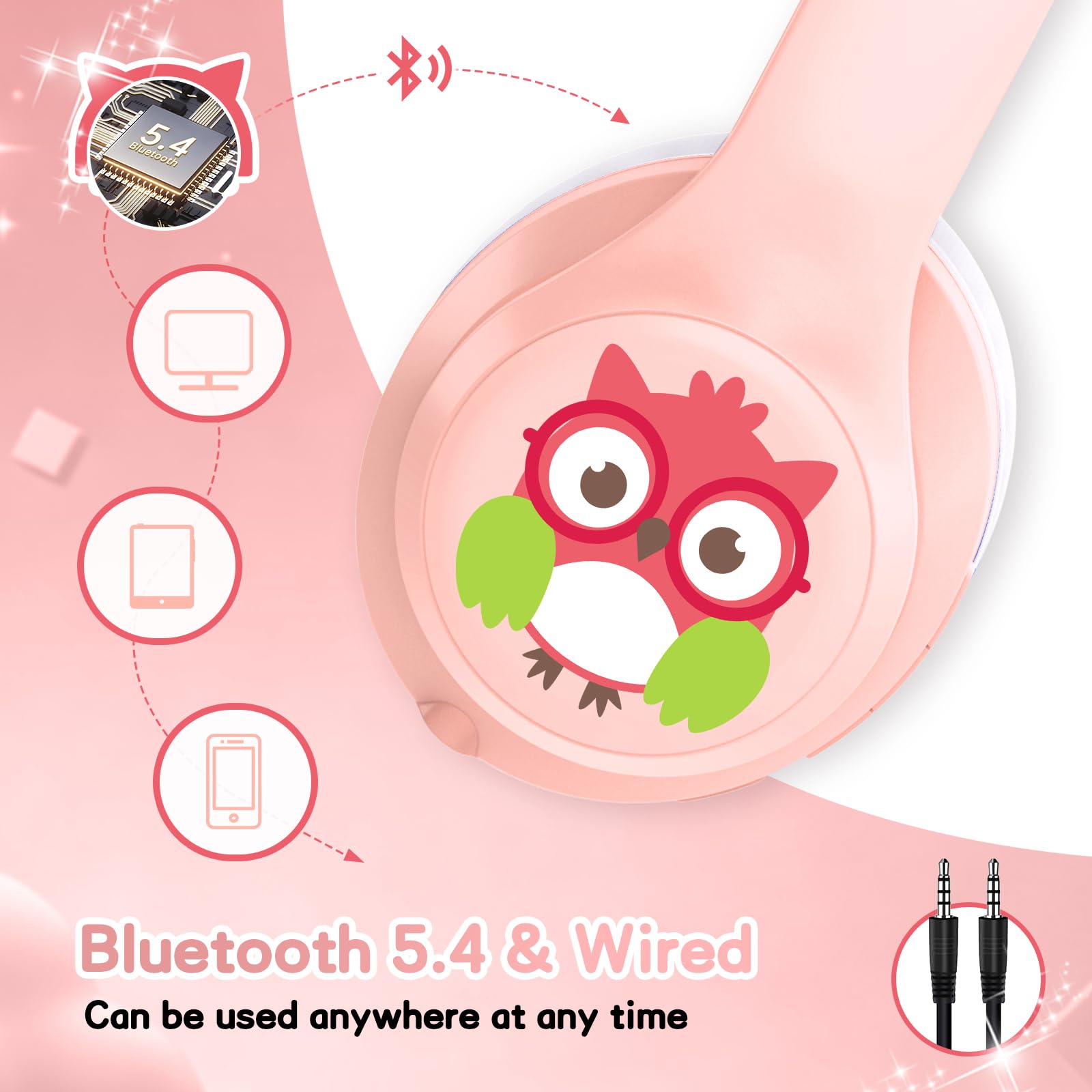 Bluetooth Kopfhörer Kinder, Kabellose Kinderkopfhörer Bluetooth 5.4 Over-Ear mit 85dB Lautstärkeregelung und kabel, Ultra-Licht Faltbar Einstellbar Kopfhörer für Schule, Reisen (Rosa-S31ANC)