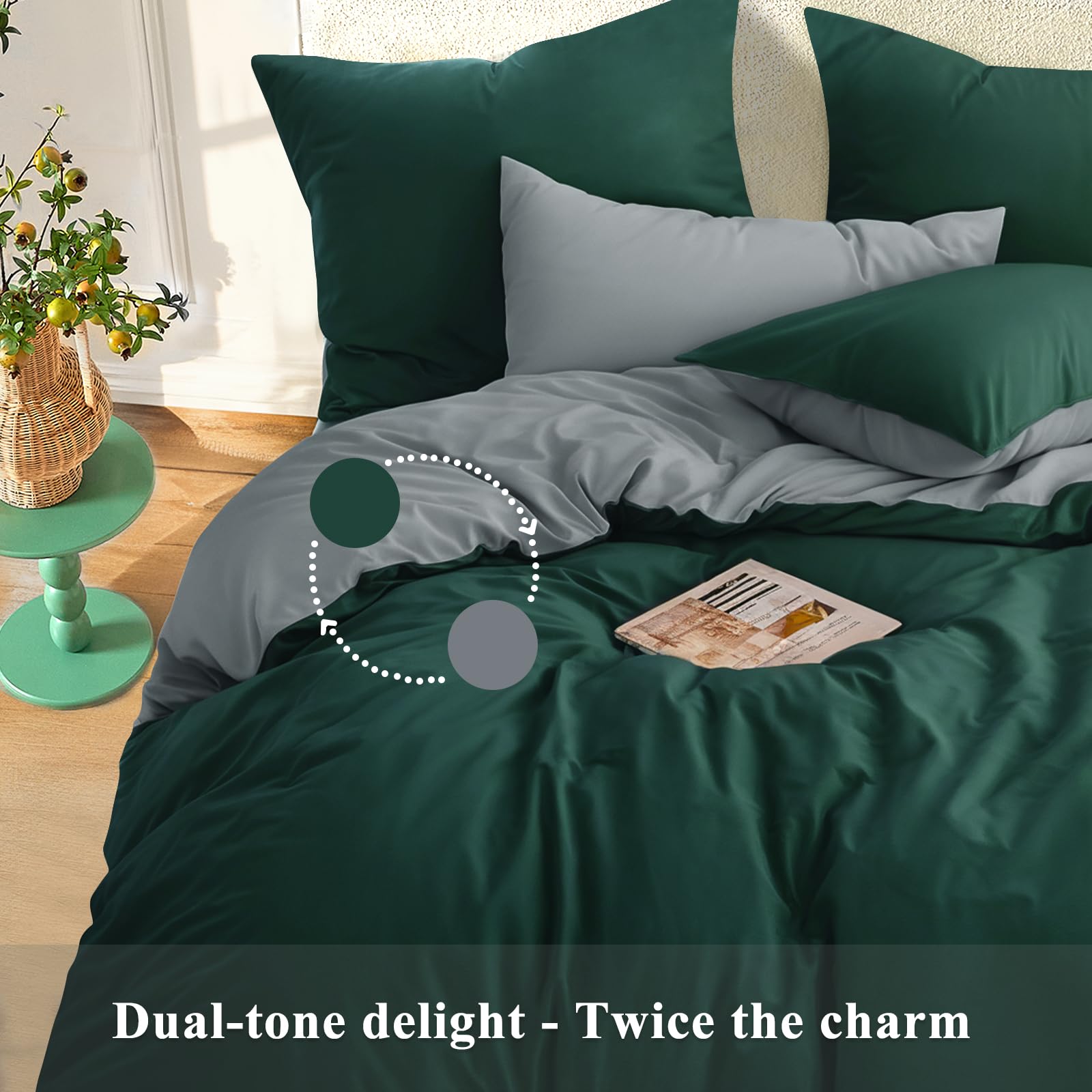 RUIKASI Dark Green Double Duvet Set Grey, Reversible Green Duvet Cover Double Bedding Set including Zip - Image 4