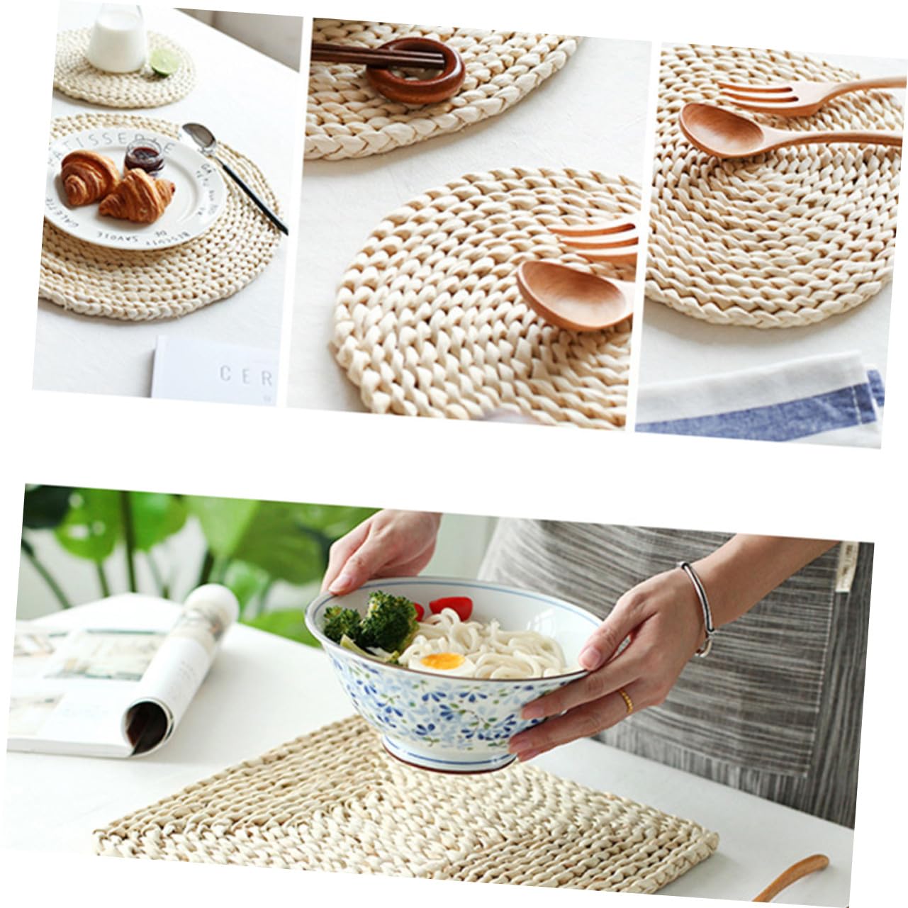 Mikinona 8 pièces Set Table Paille Naturelle Isolants Thermiques Épais Protège-Table Ronds pour Tasses Bols et Assiettes Usage Maison