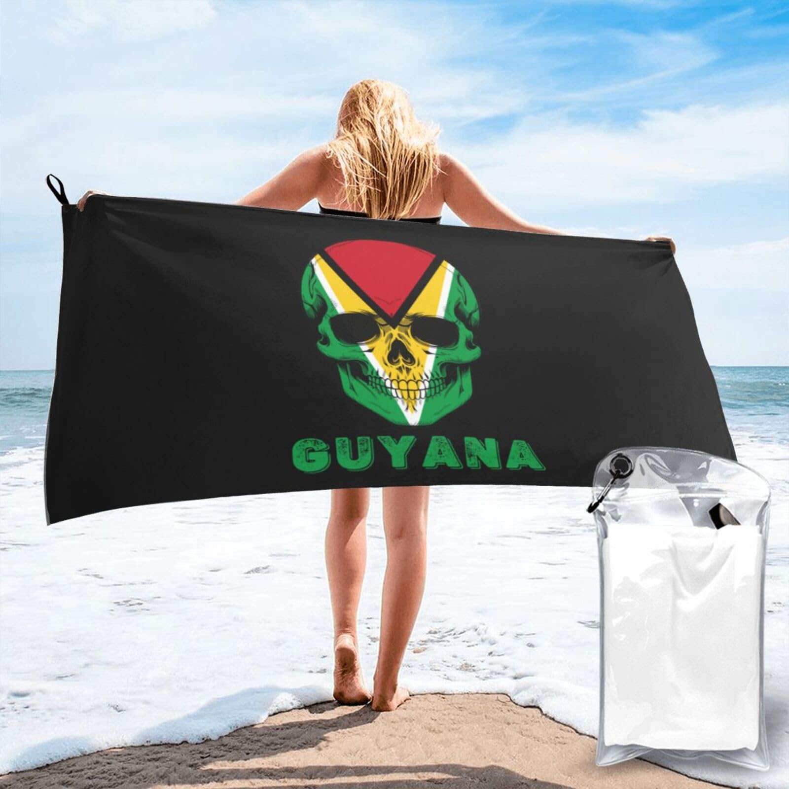 HACXZ Skull Guyana Flag Lightweight Absorbent Beach Towel Microfiber Beach Towel 31.5"X63"