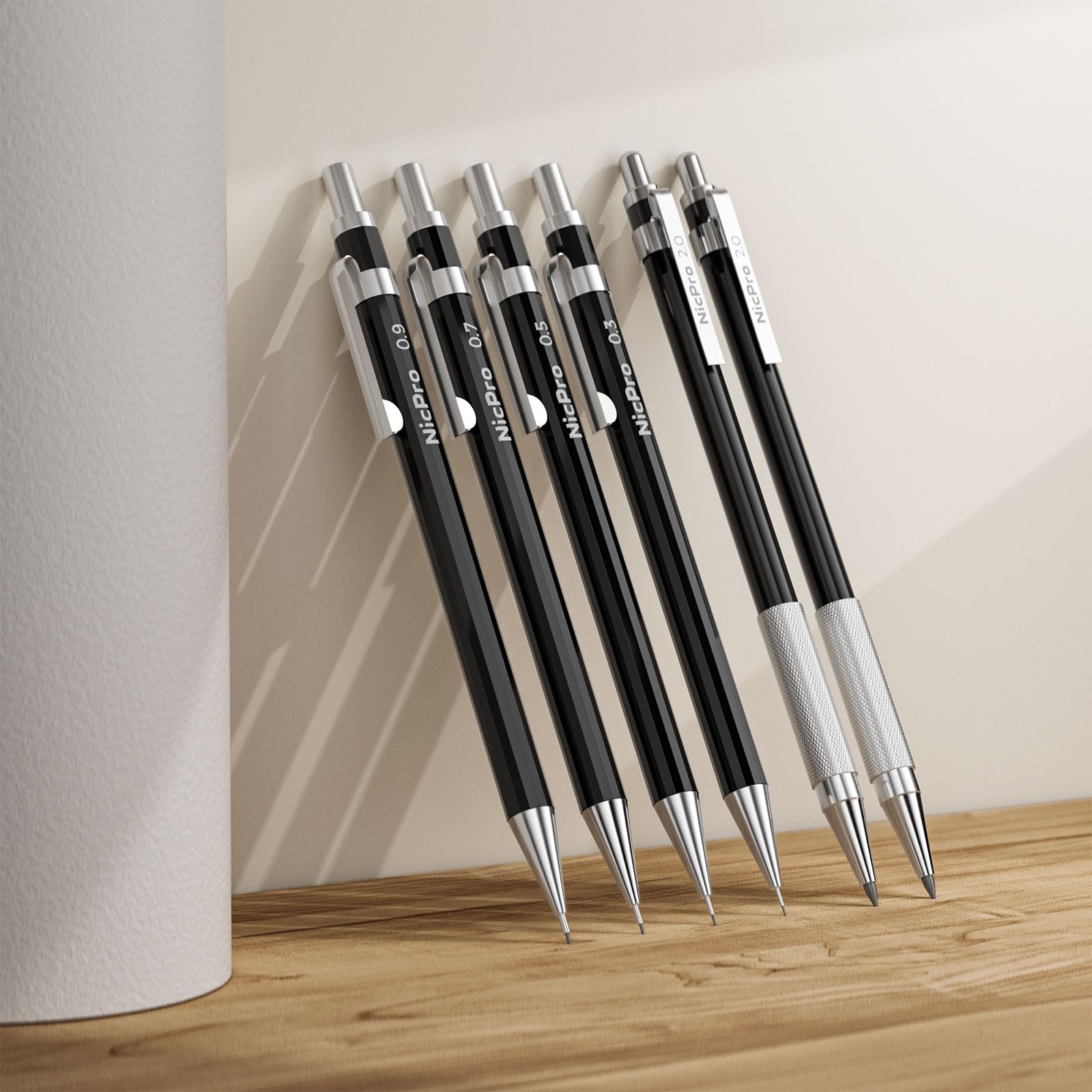 Nicpro 33PCS Black Metal Mechanical Pencil Set in Leather Case, Art Drafting Pencil 0.3, 0.5, 0.7, 0.9 mm, 2mm Lead Holders for Sketching Drawing With 18 Tube (6B 4B 2B HB 2H 4H Colors) Lead Refills - Image 2
