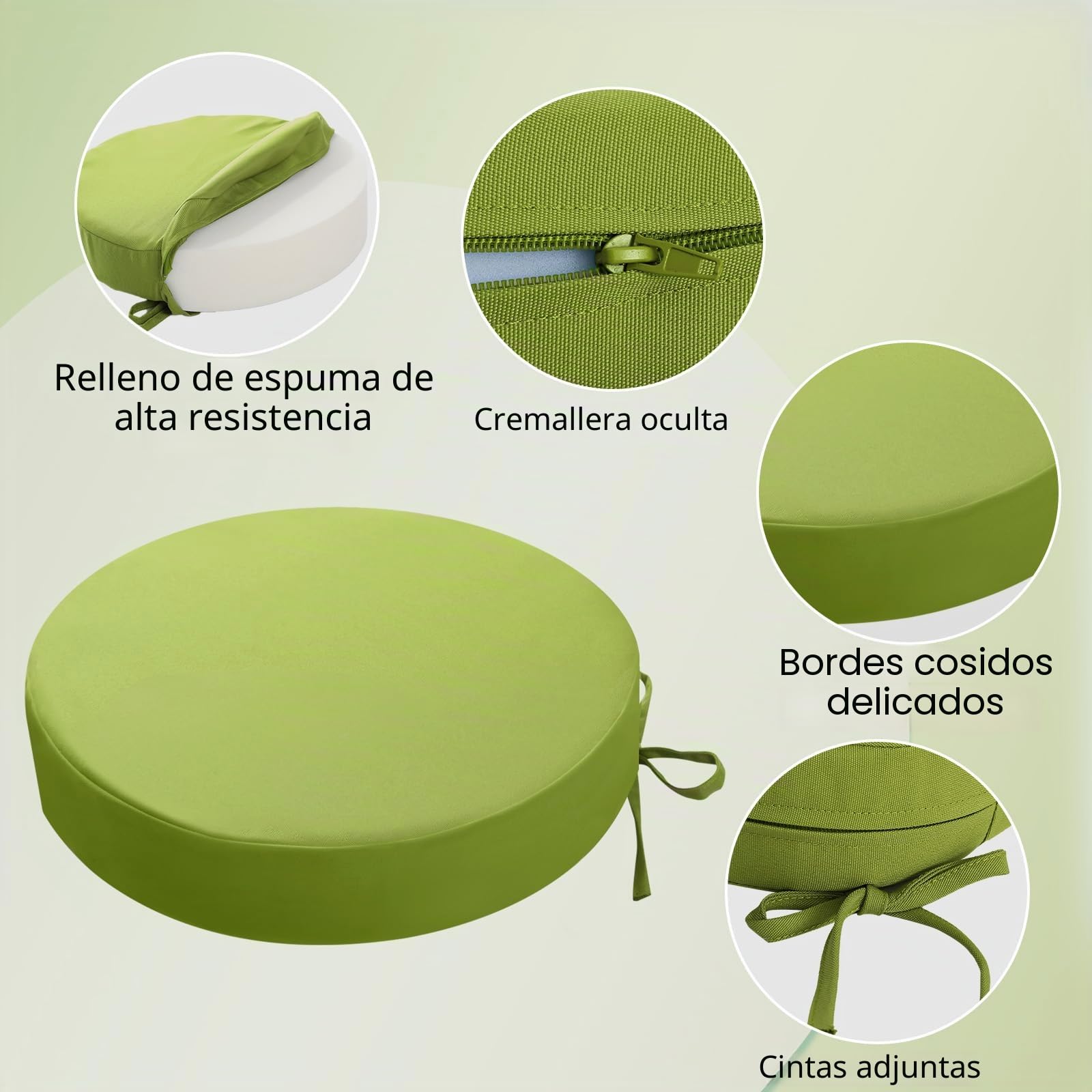 Juego de 2 cojines redondos para sillas de exterior, 7 cm de grosor, cojines redondos para asiento de jardín con lazos, impermeables, para muebles de exterior, 38 x 38 cm, color verde