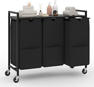 3-Section Laundry Hamper with Shelf, Pull-Out Removable 12.8 gal(48L) Bags, Metal Frame Laundry Sorter Movable Wheels and 3 Compartments, Grey Board, Black