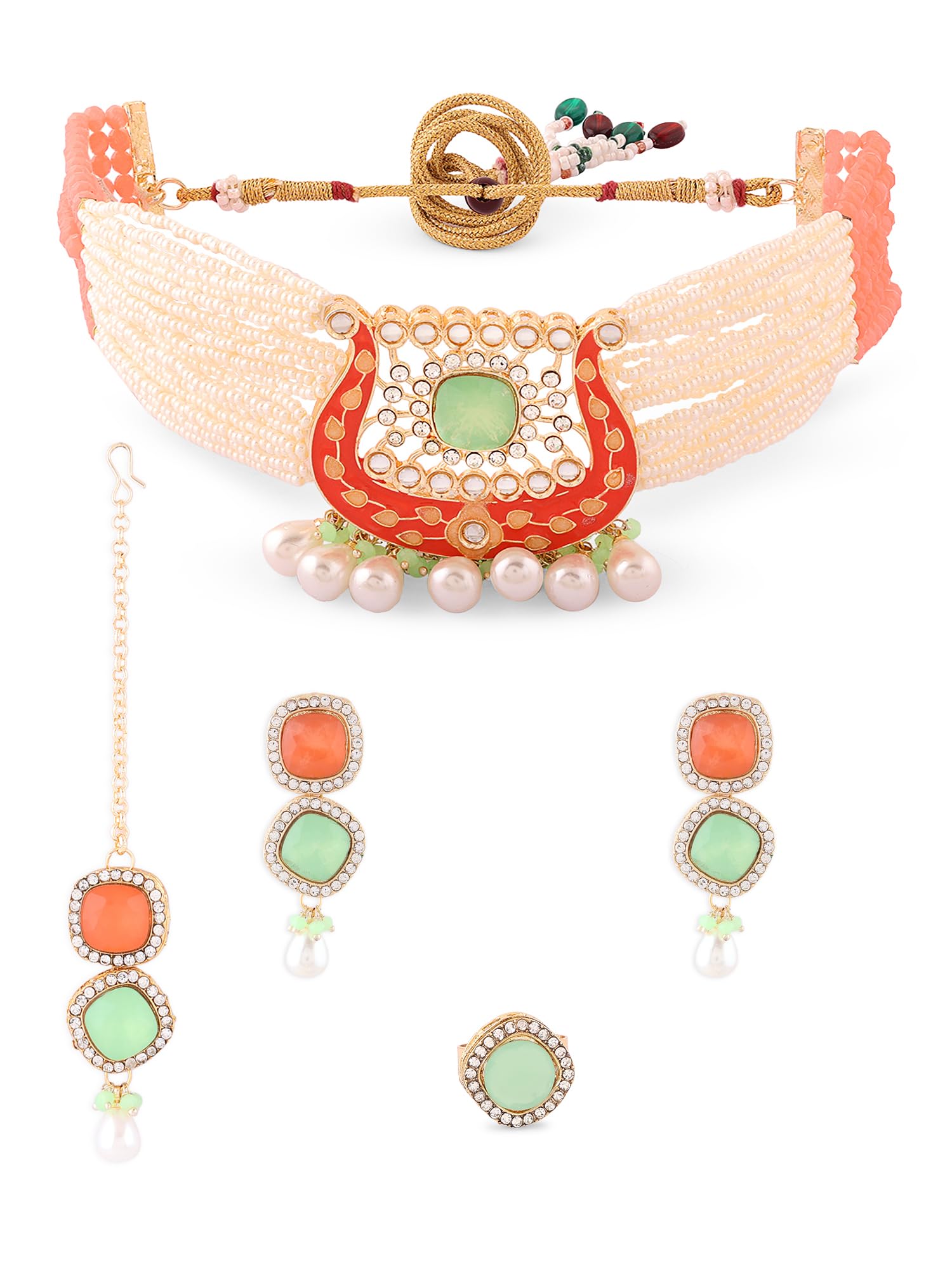 ZAVERI PEARLS Green Peach Meenakari Multistrand Choker Necklace Earring Maangtikka Ring Set For Women -ZPFK16176 (B0C9Q6FS7J) Amazon Price History, Amazon Price Tracker