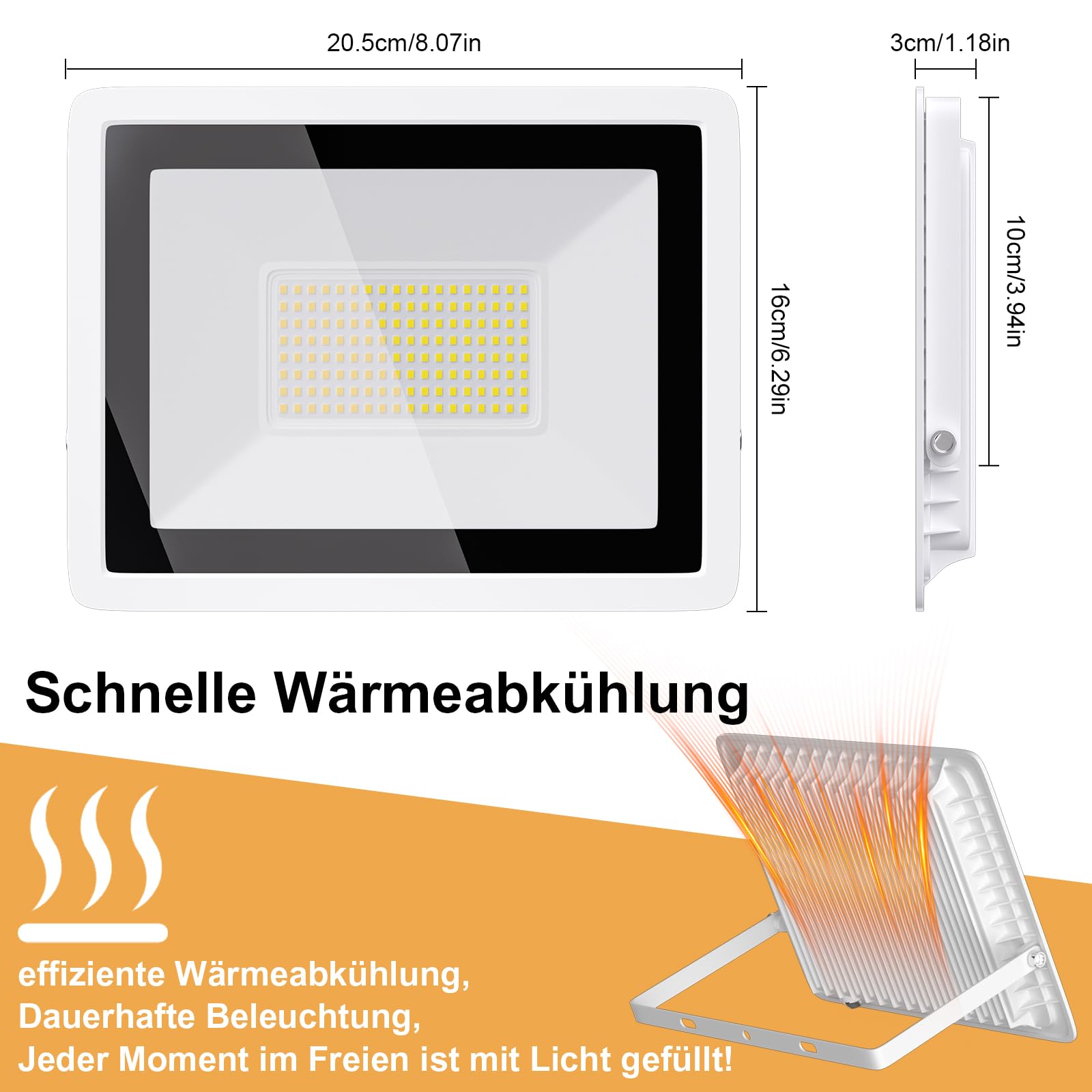 Lot de 2 projecteurs LED ultra fins pour extérieur, 100 W, 7200 lm, étanchéité IP68, pour cour, garage, terrain de sport