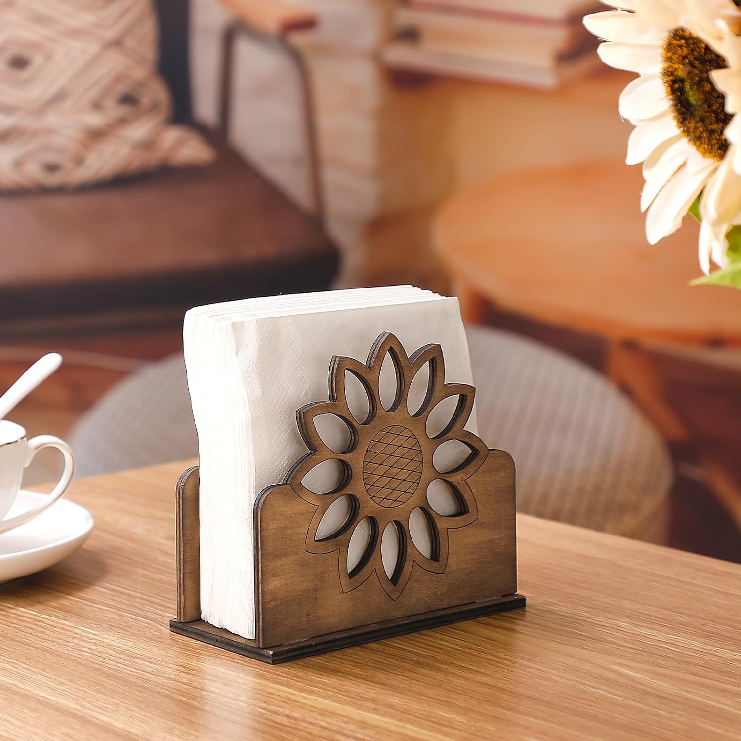 Beeveer 2 Pcs Wooden Sunflower Napkin Holder Cocktail Farmhouse Rustic