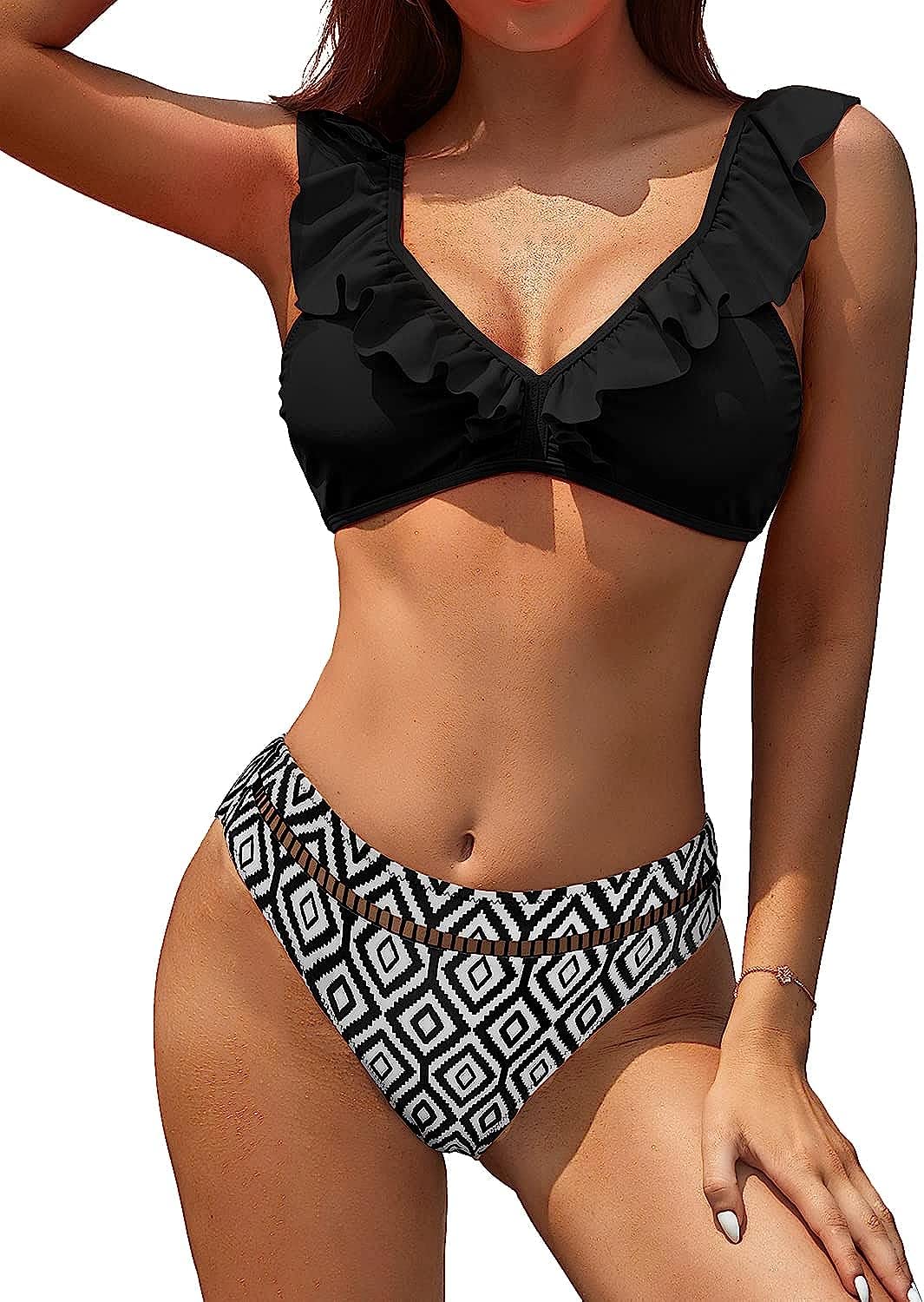 SHEKINIWomen's Ruffle V-Neck Bikini Floral High Waist Cheeky Two Pieces Swimsuit