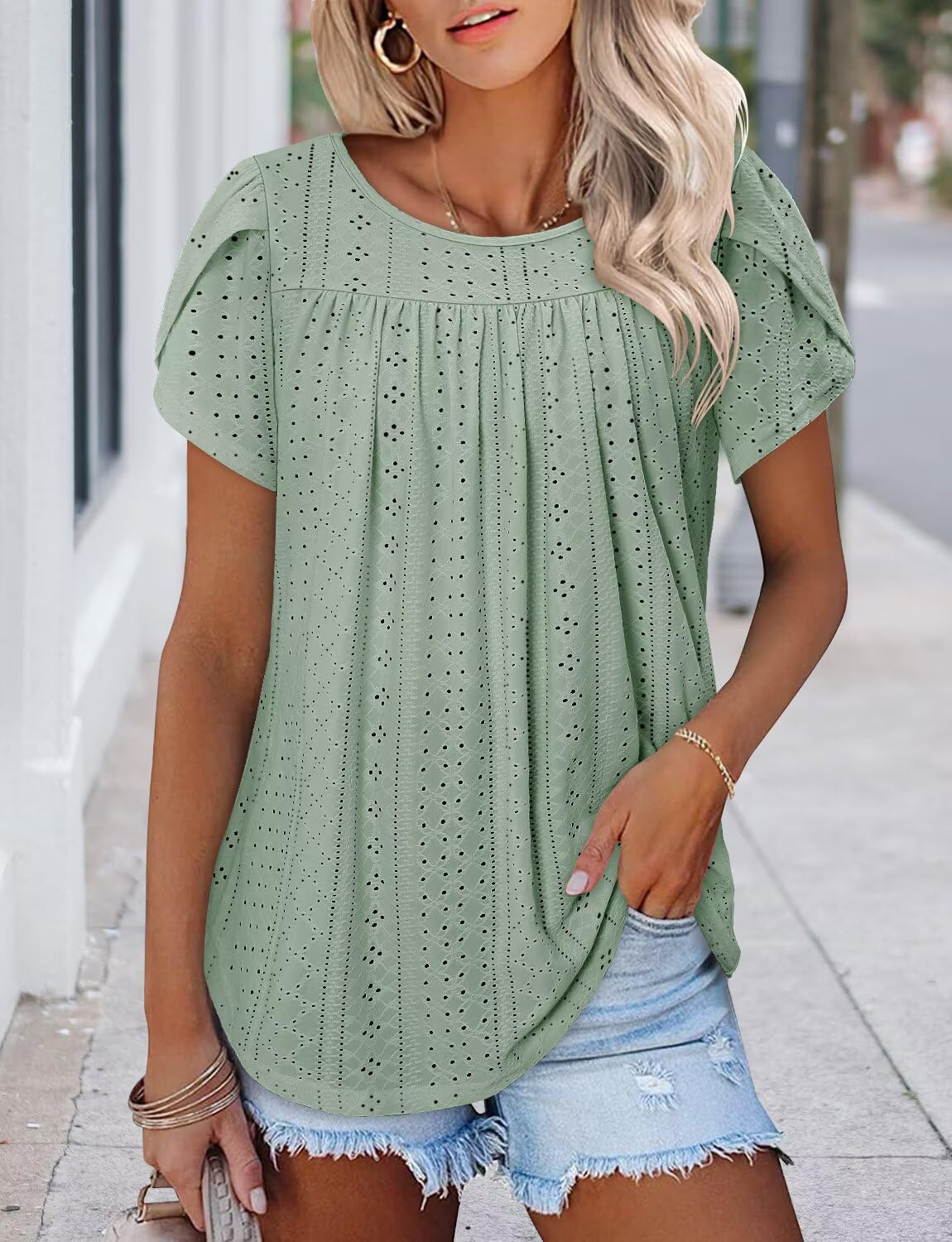 Womens Summer Shirts Fashion Mesh Round Neck Tunic Tops Elegant Ladies Fitted Tops Pleated Petal Short Sleeve Blouses