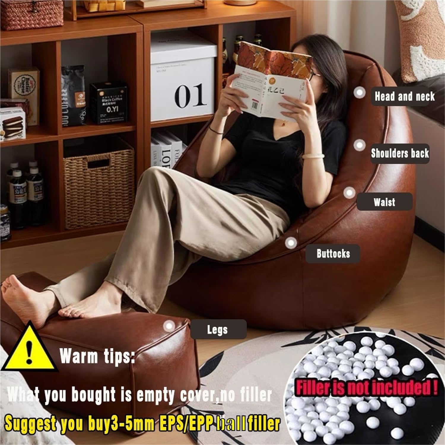 Bean Bag Chairs Cover(No Filler)PU Faux Leather Bean Bag Cover Luxury Single Lazy Sofa Cover BeanBag Pouf Chair Lazy Armchair Couch Floor Seating Living Room Furniture(Martin middle-aged brown)