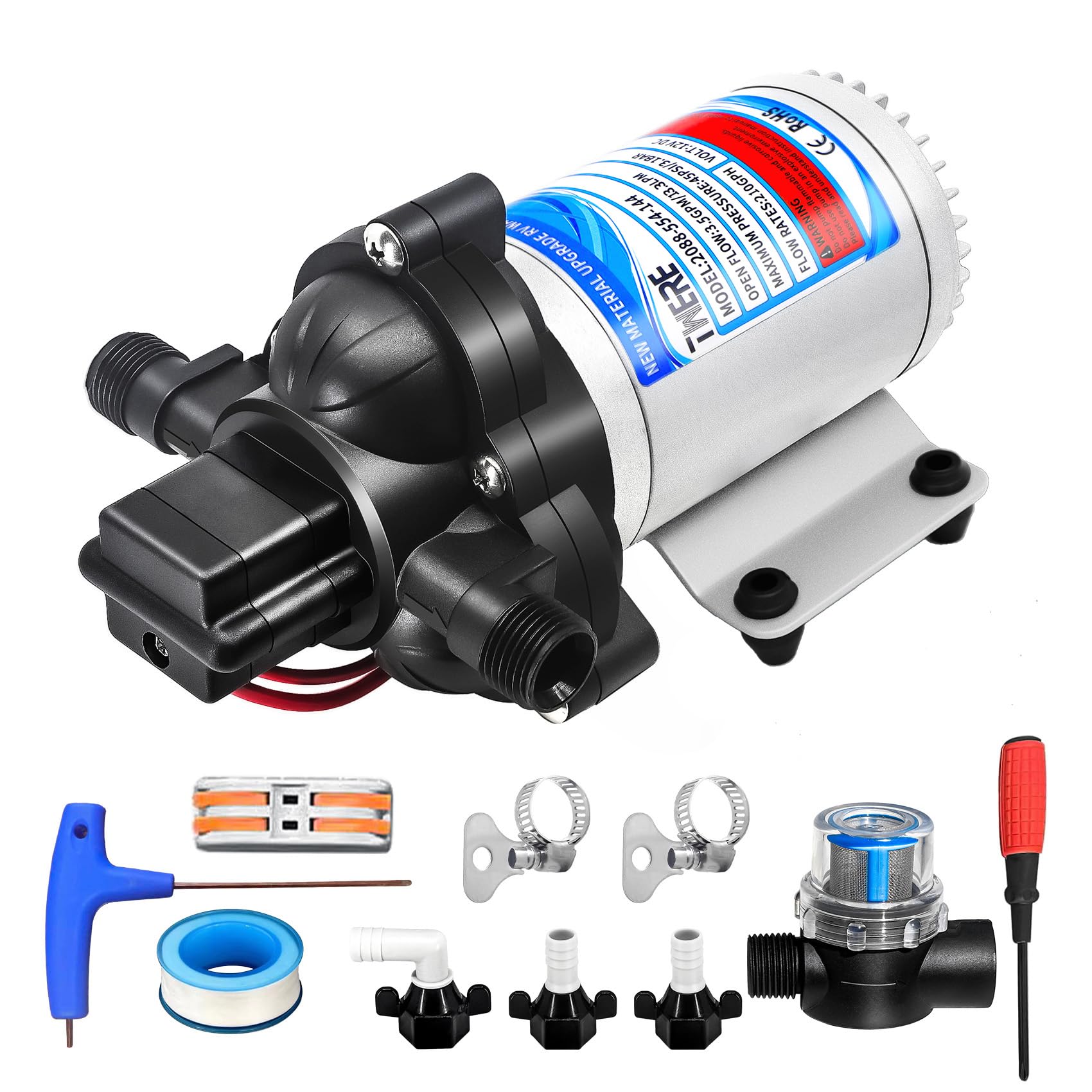 2025 Upgrade 2088-554-144/2088-403-144 RV Fresh Water Pump,12 V 45 PSI 3.5 GPM Diaphragm Pump with Pressure Switch and Detachable Filters,1/2MNPT
