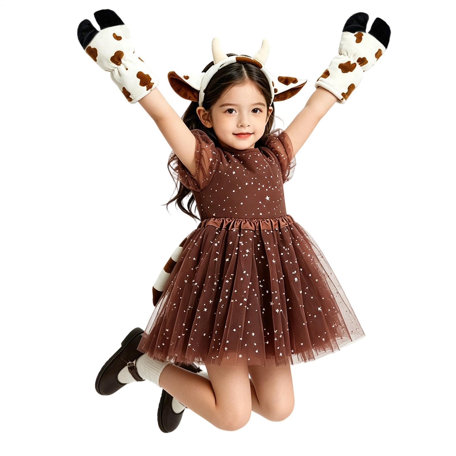 Cow Costume Kids | Girls Outfit Set with Cow Headband Tail Gloves - Princess Tutu Dress,for Cosplay Party Concert Carnival Masquerade School Event