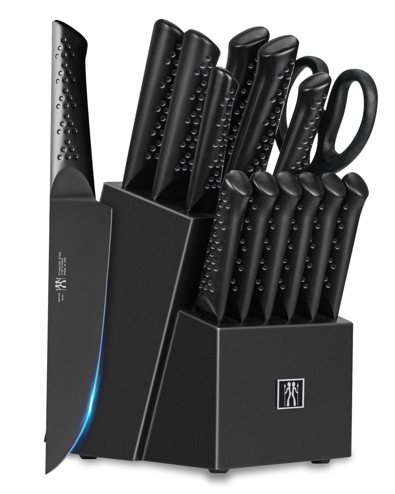 HD HUNTER.DUAL Knife Sets for Kitchen with Block, 15 Piece Knife Set with Built-in Sharpener, Dishwasher Safe, German Stainless Steel, Elegant Black