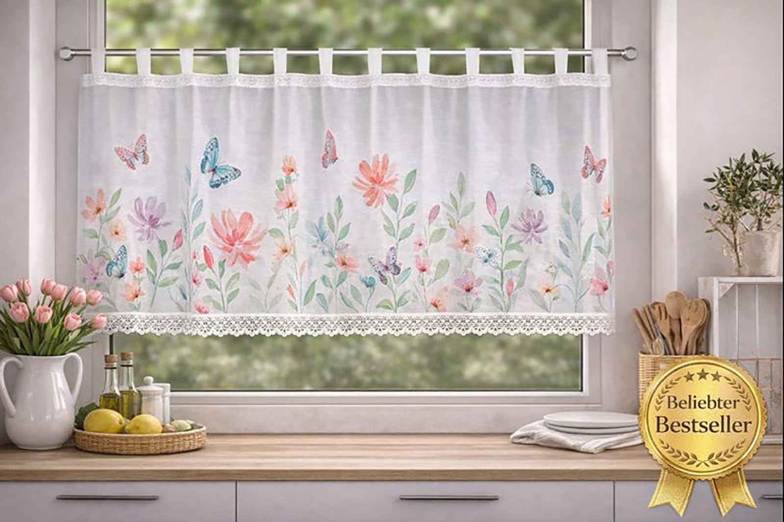 KAMACA Tenda da bistrò con passanti, tenda corta da cucina, trasparente, con passanti in voile, pizzo (altezza x larghezza 60 x 140 cm, Theresia)