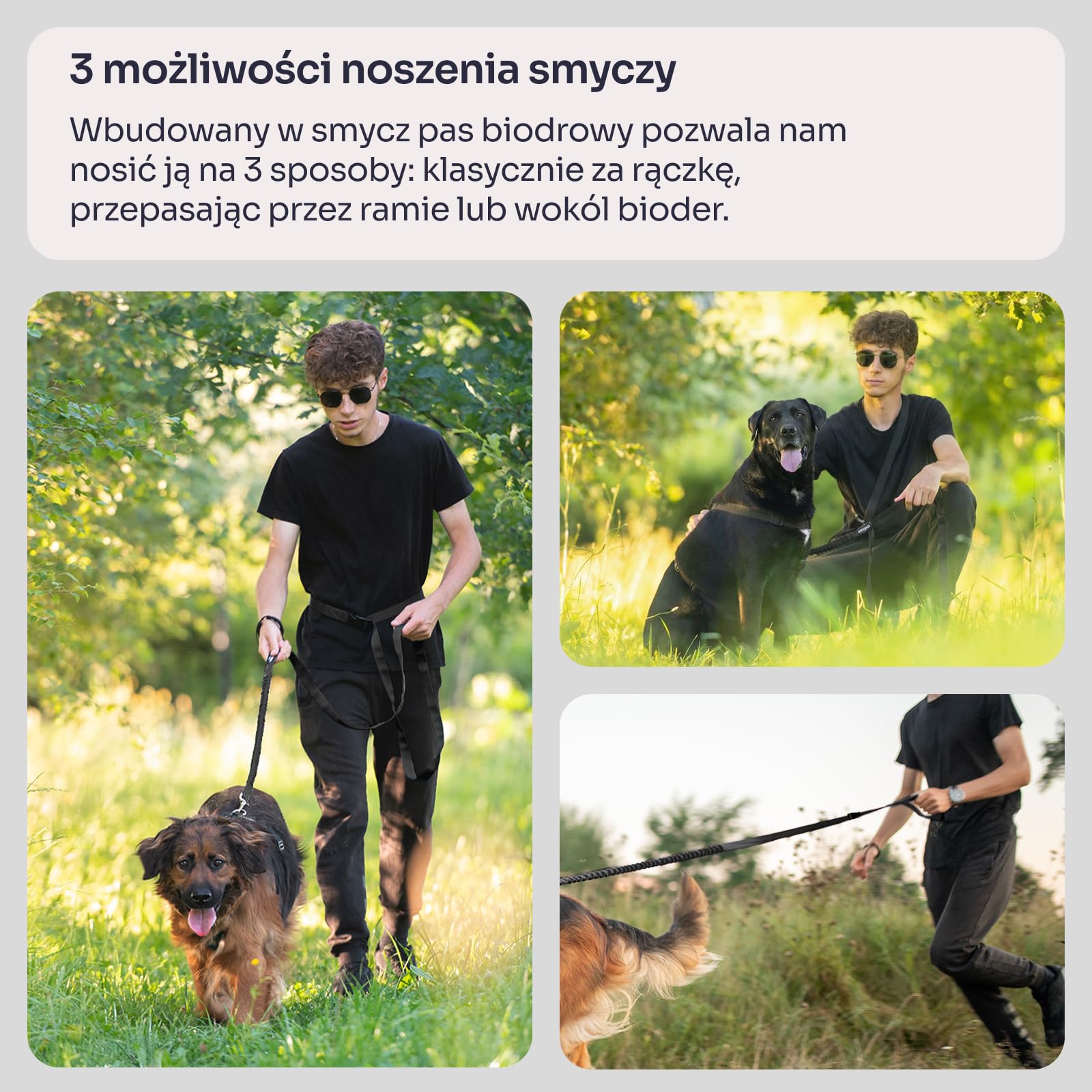 Chaba Smycz dla Średniego i Dużego Psa z Amortyzatorem i Pasem Biodrowym | Regulowana 2.8-3.8m | Szerokość 2.5cm | Redukująca Efekty Szarpnięć | Do Biegania | 3 Możliwości Noszenia | CZARNA