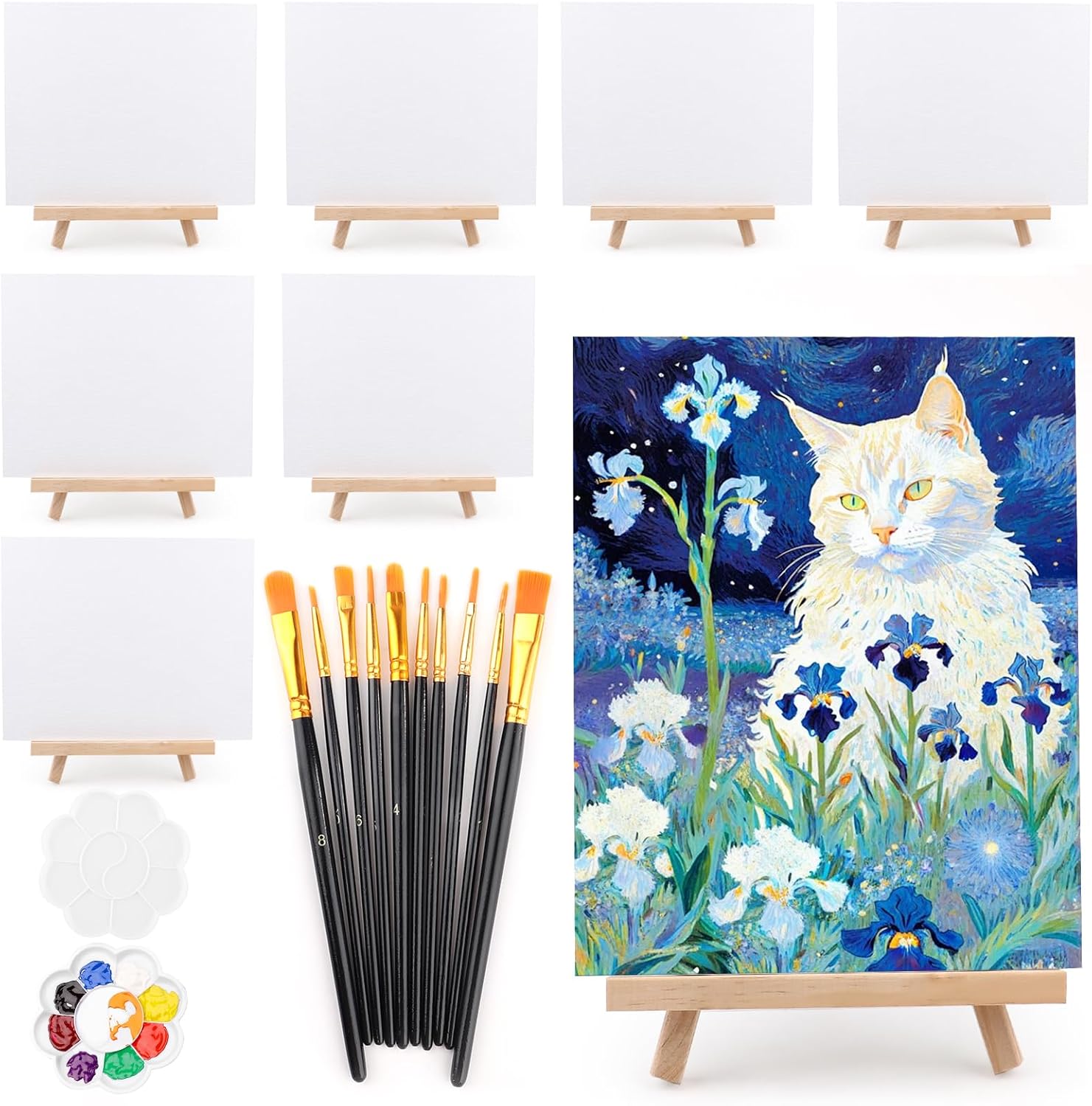 8Pack 8x10 Inch Canvas and Easel Set,Art Canvas for Drawing with 8 Easels 10 Brushes 2 Paint Trays,Painting Canvas with 9.5" Easel Set for Teenagers Acrylic Pouring Oil Water Color Gift