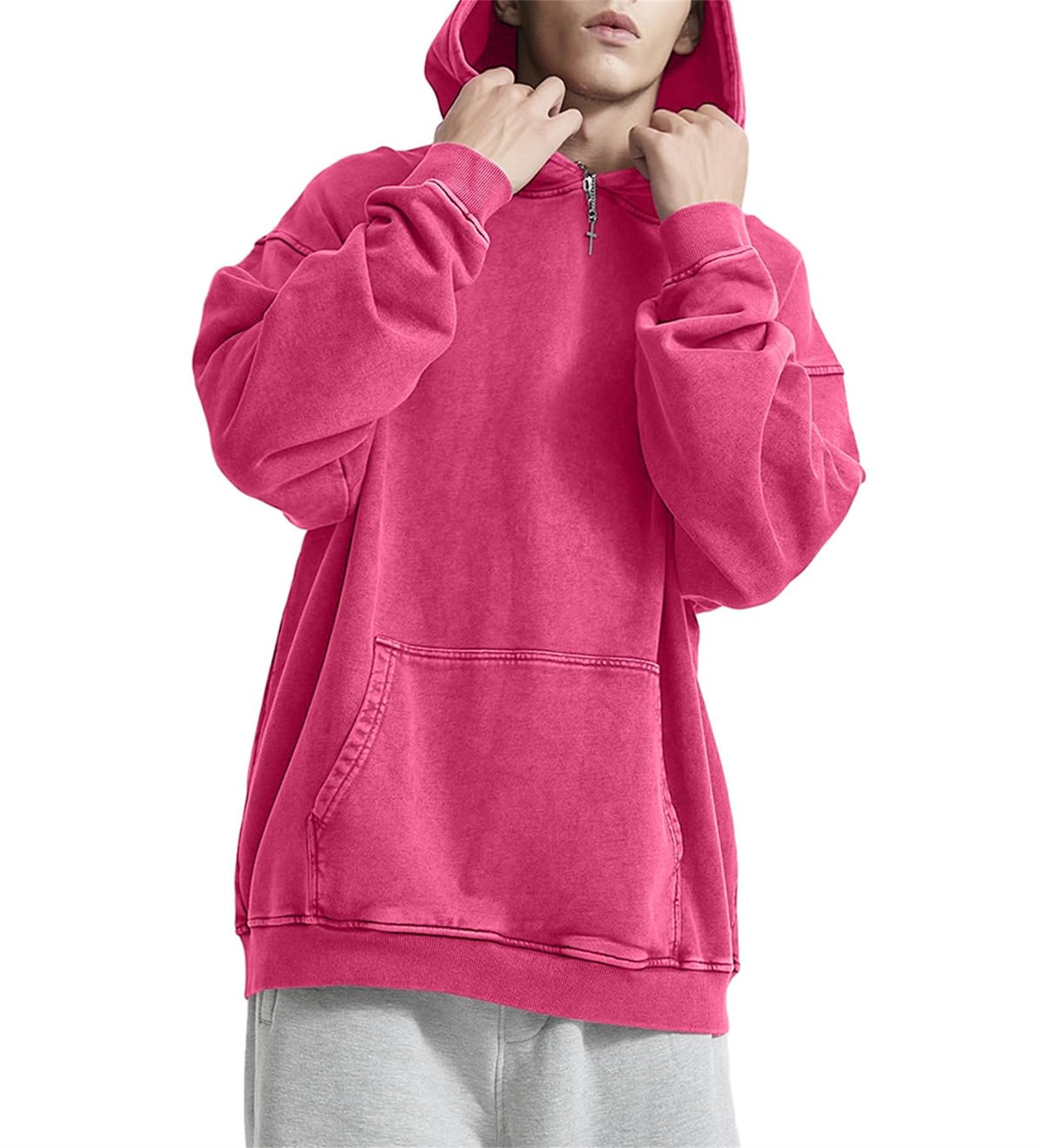 Felpa con cappuccio da uomo oversize unisex con lavaggio acido leggera in cotone vintage baggy lavato tempo libero hip hop con tasca top