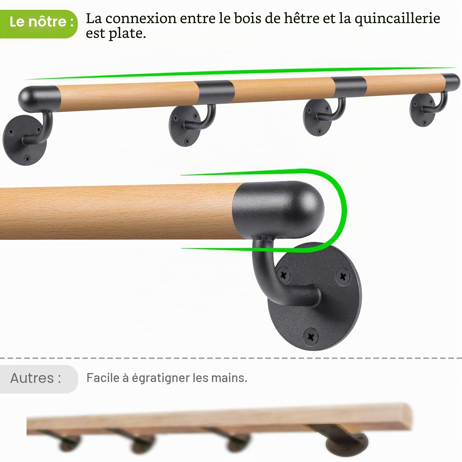 Dolibest Main Courante 250cm Escalier Rampe Escalier Bois Poignée Sécurité | Escaliers Intérieurs Extérieurs,Personnes Âgées Handicapées Enfants,Couloirs Passages Terrasses Balcons,Ronde 3.8cm/227KG