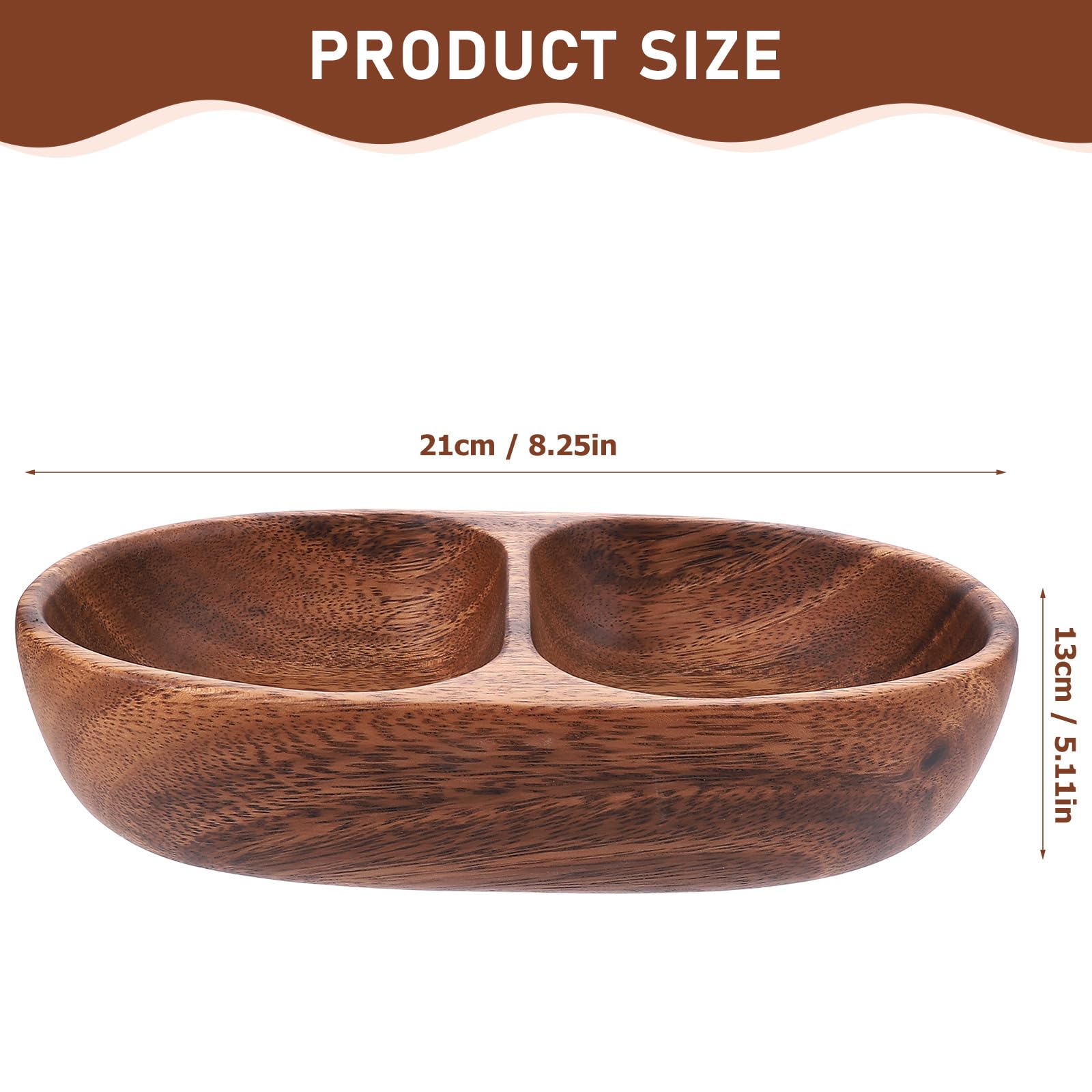 Garneck Wood Divided Snack Plates: 8.2inch Salad Bowl for Food Double Compartment Dinner Dishes Kitchen Serving Tray for Fruits Veggies Candies Nut