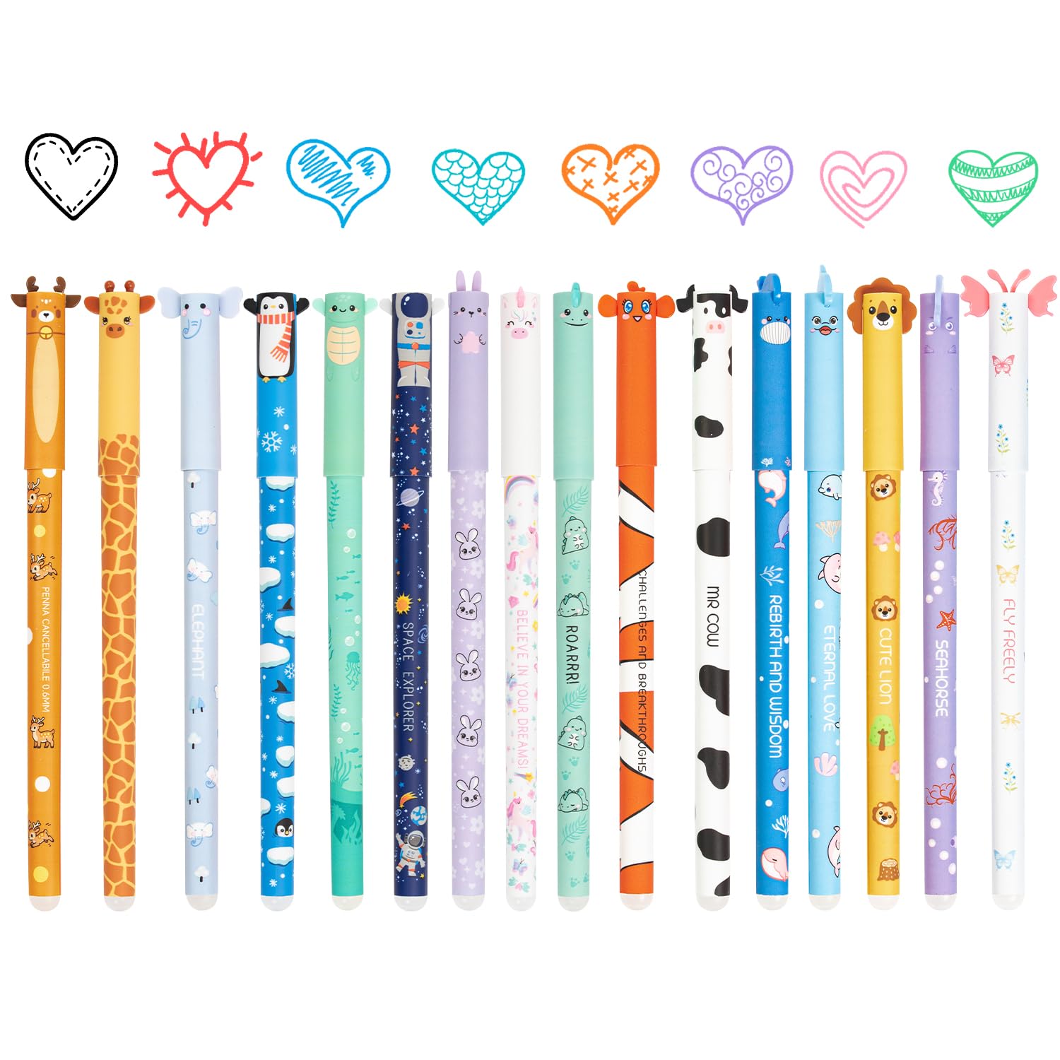 Lote de 16 bolígrafos de gel borrables, bolígrafos de bola borrables con motivos de animales, punta de 0,7 mm, bolígrafos de tinta de colores, perfectos para regalar o para suministros escolares y de