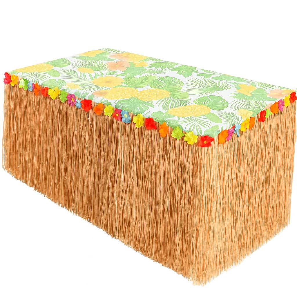 GiftExpress 9 Feet x 29.5" Luau Grass Table Skirt - Hawaiian Theme Party Skirt with Hibiscous Flower Decoration - Fringe Raffia Natural Straw Colored Backdrop for Luau Tropical Theme Décor