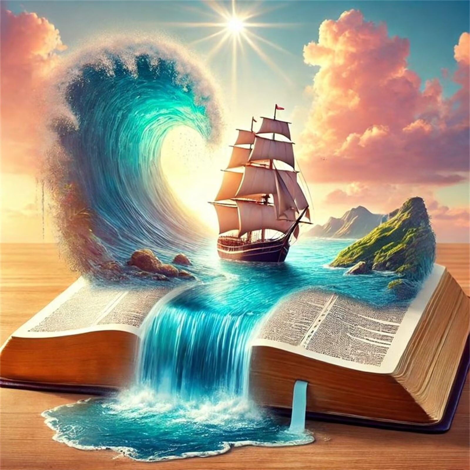 5D Fai Da Te Diamond Art Painting Kit Completo,Libro Waves Barca a vela Adulti Diamond Painting Strass Kit per Pittura Diamante Punto Croce Ricamo Painting Casa Parete Decorazioni,tonda 95x95cm