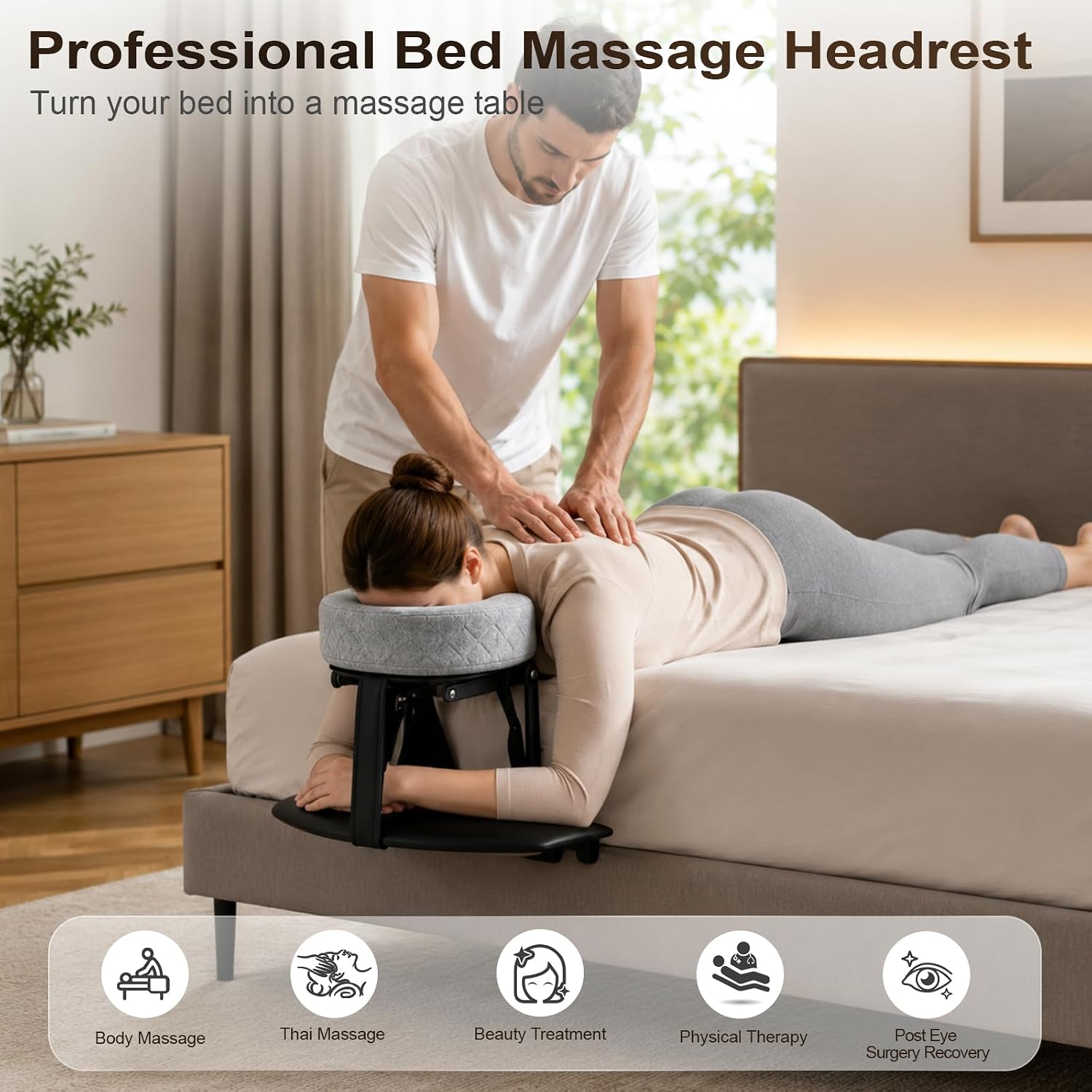 Massage Headrest for Bed with Arm Rest & Face Pillow, Adjustable Height Massage Face Cradle Head Holder, Face Down Pillow After Eye Surgery Recovery, Portable Home Massage Kit for Mattress